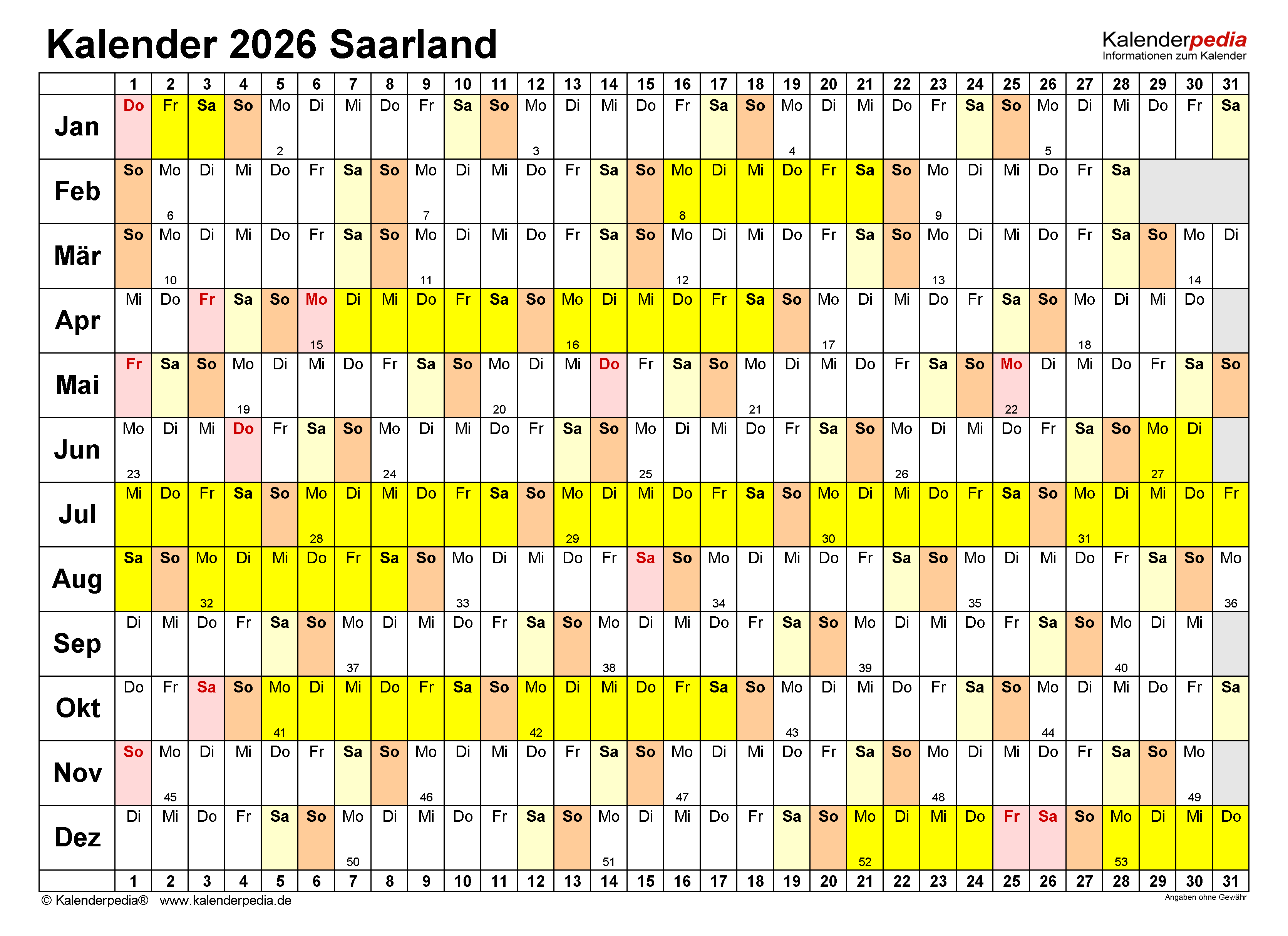  Kalender 2026 Saarland: Ferien, Feiertage, Excel-Vorlagen Bildidee 