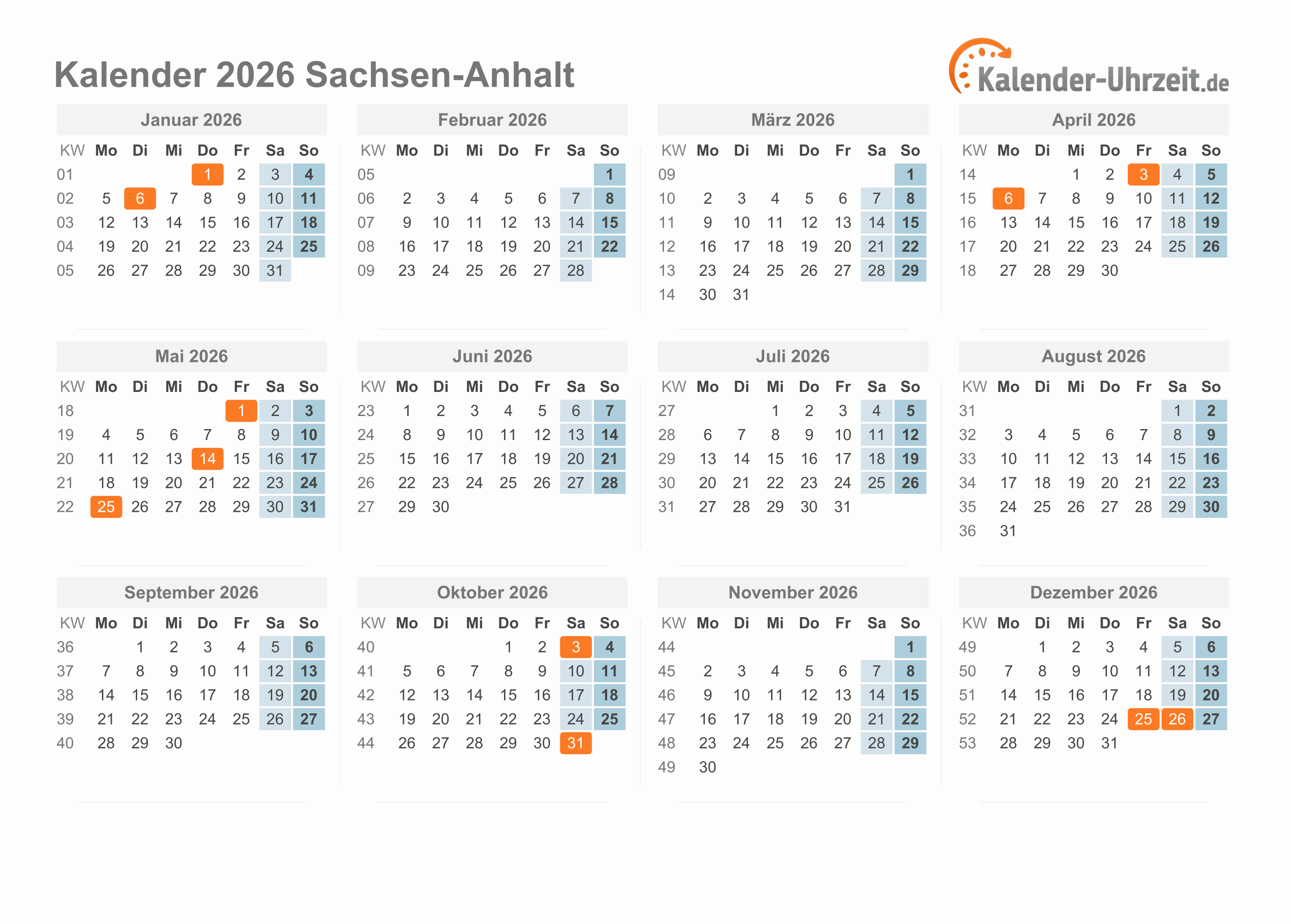  Feiertage 2026 Sachsen-Anhalt + Kalender Bildidee 