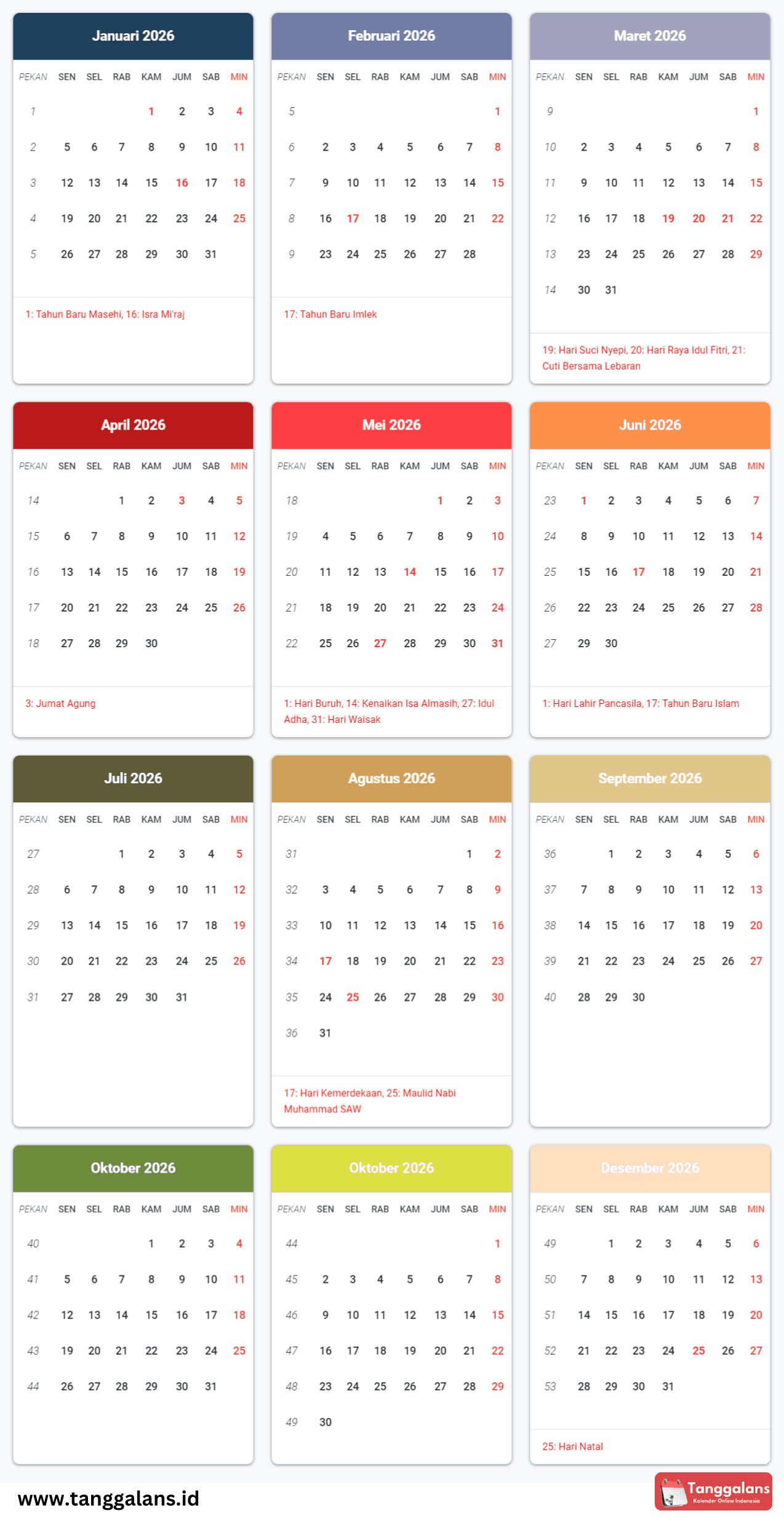  Kalender 2026 - Kalender Lengkap dengan Tanggal Merah Motiv 