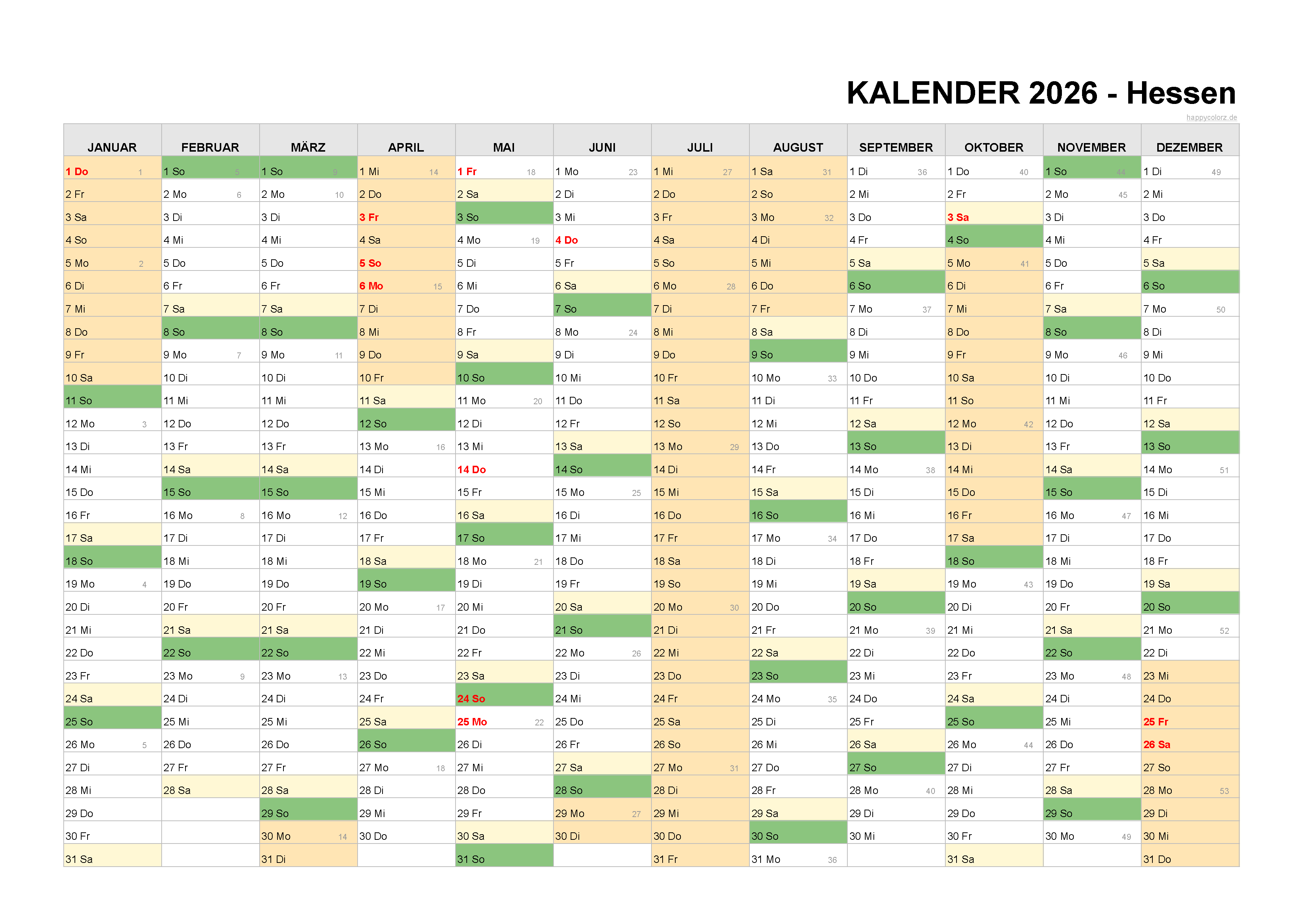  Kalender 2026 Hessen kostenlos: Ferien-Übersicht, Feiertage, PDF Bildidee 