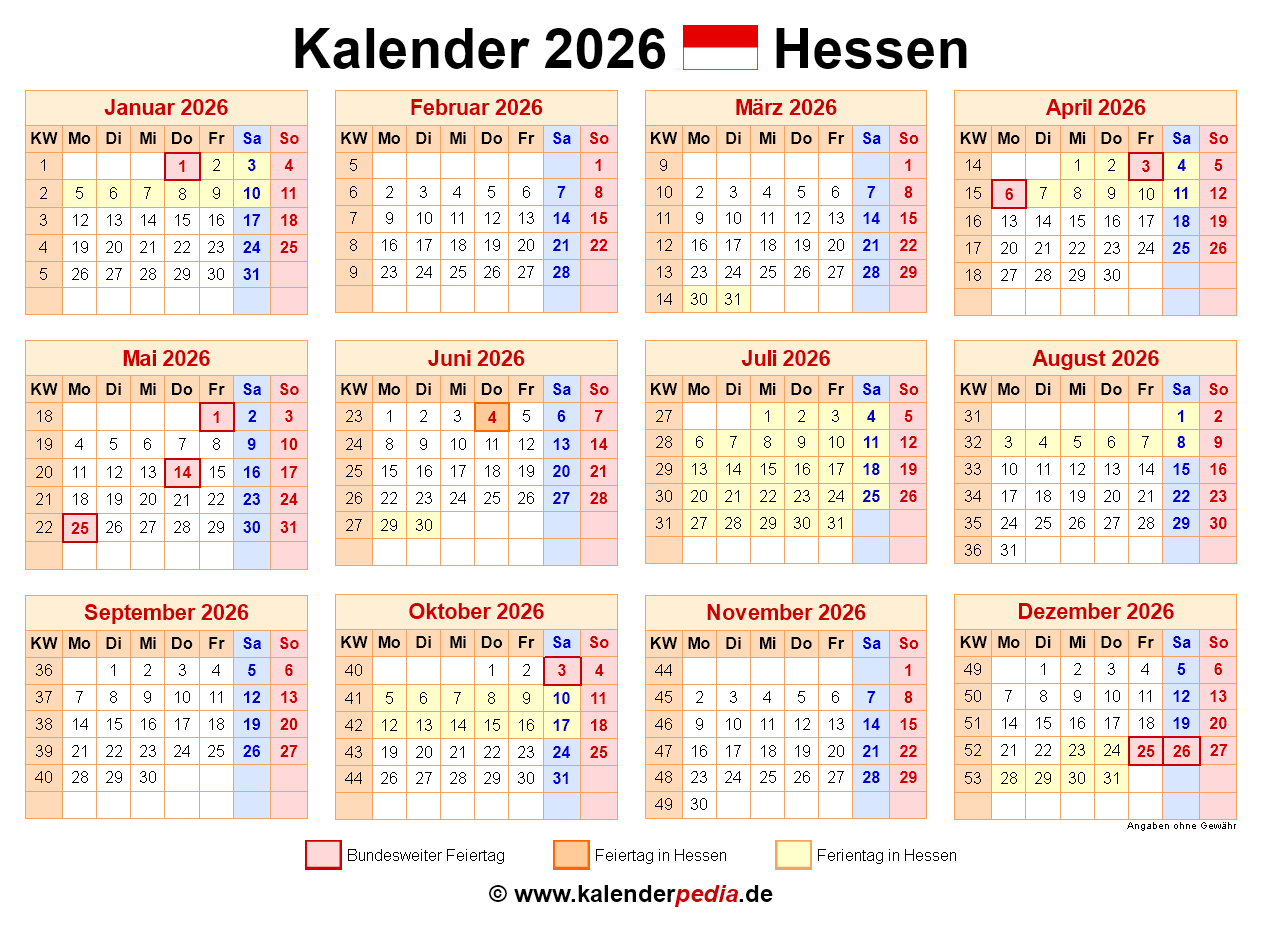  Kalender 2026 Hessen: Ferien, Feiertage, Excel-Vorlagen Illustration 