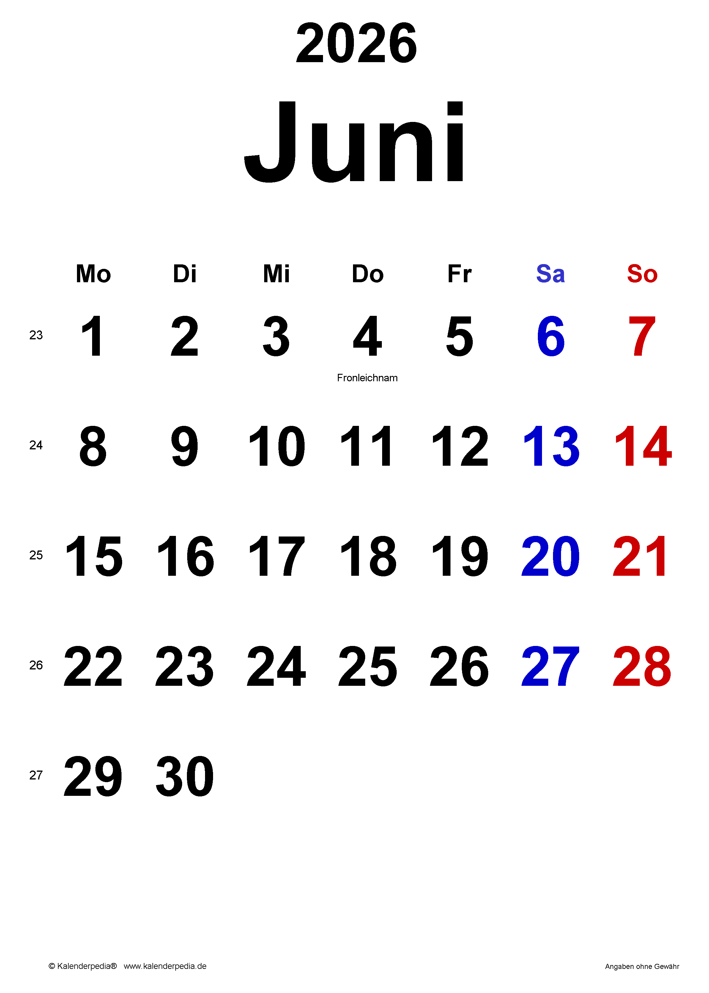  Foto zu Kalender Juni 2026 als Excel-Vorlagen 