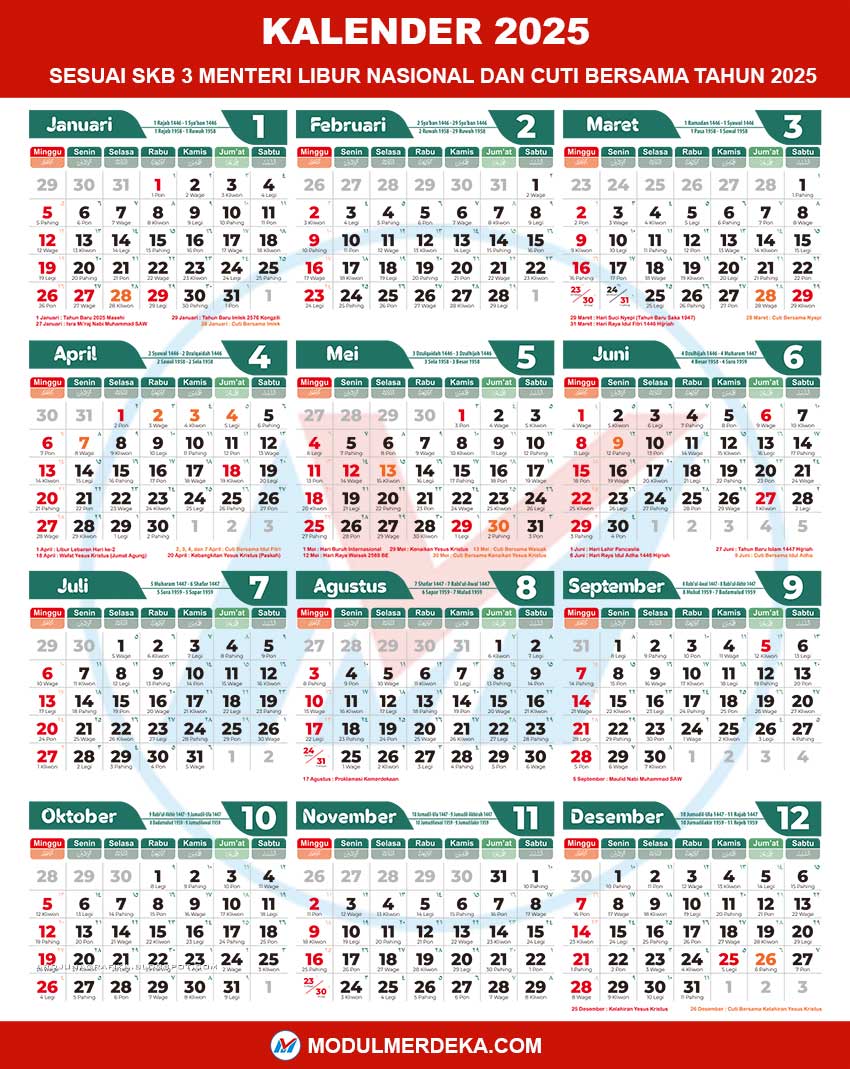  Kalender 2025 Resolusi Tinggi Lengkap Tanggal Merah, Libur Nasional Motiv 