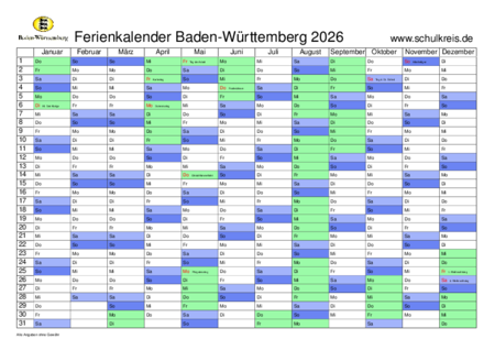  Schulferien-Kalender Baden-Württemberg BW 2026 mit Feiertagen und Ferien 