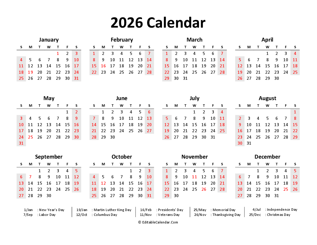  Free Printable Calendar 2026 (Word, PDF, Excel) Motiv 