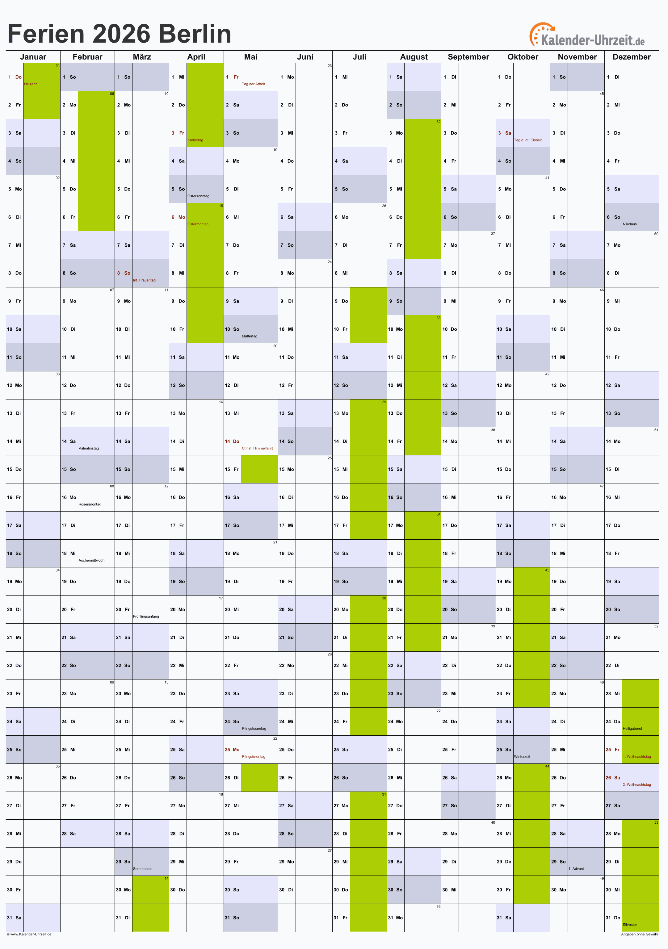  Ferien Berlin 2026 - Ferienkalender zum Ausdrucken Illustration 