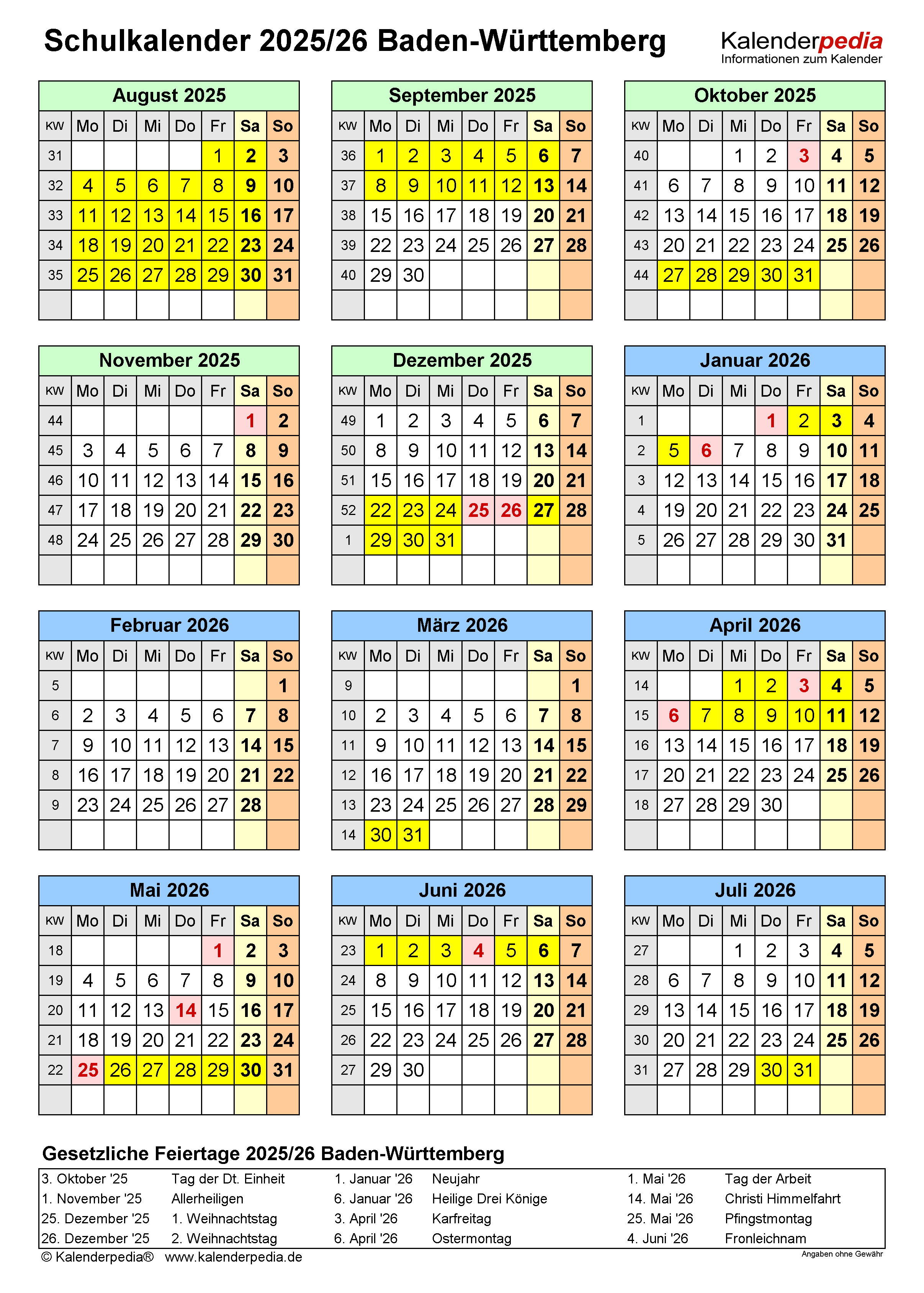  Schulkalender 2025/2026 Baden-Württemberg für Word 