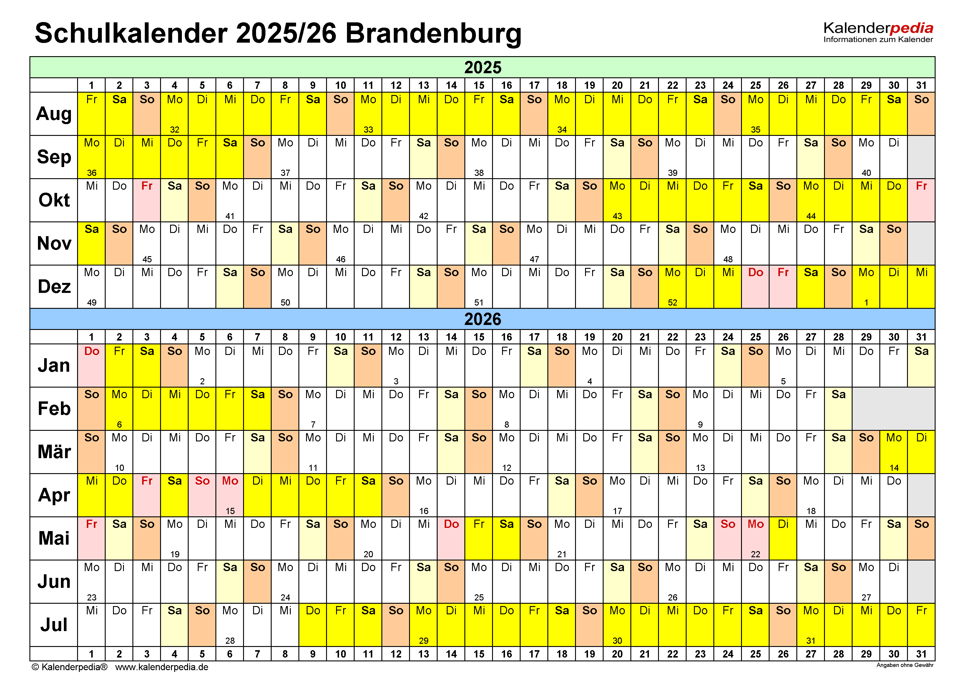  Schulkalender 2025/2026 Brandenburg für Excel Motiv 