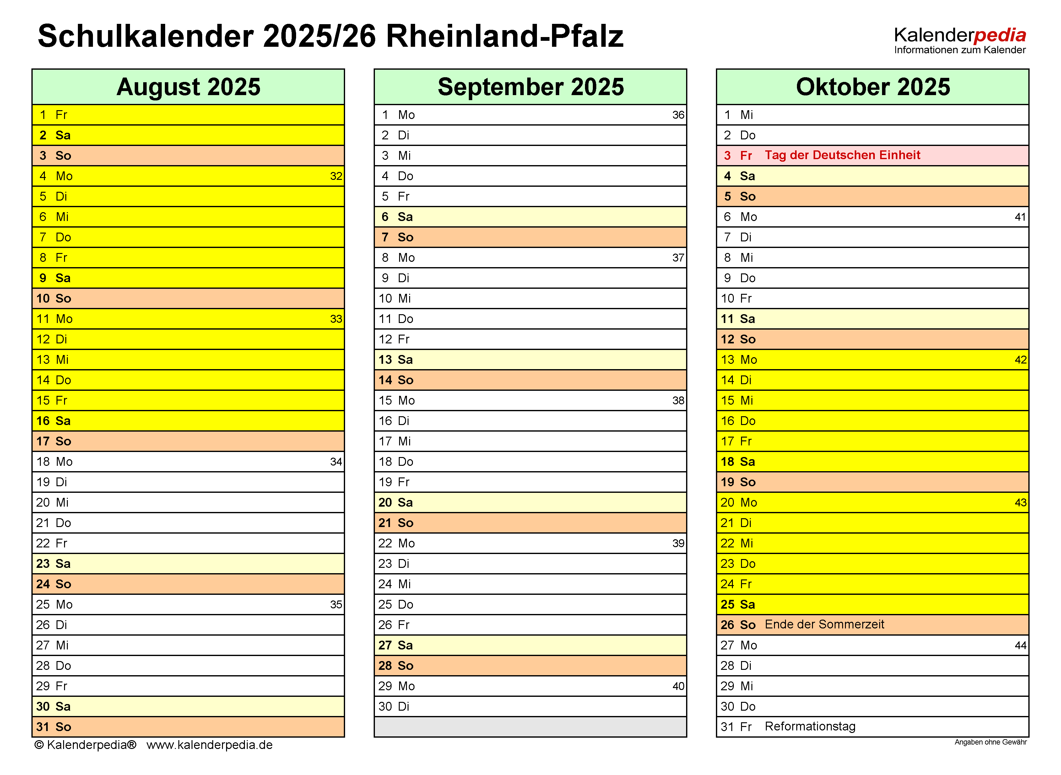  Schulkalender 2025/2026 Rheinland-Pfalz für PDF Illustration 