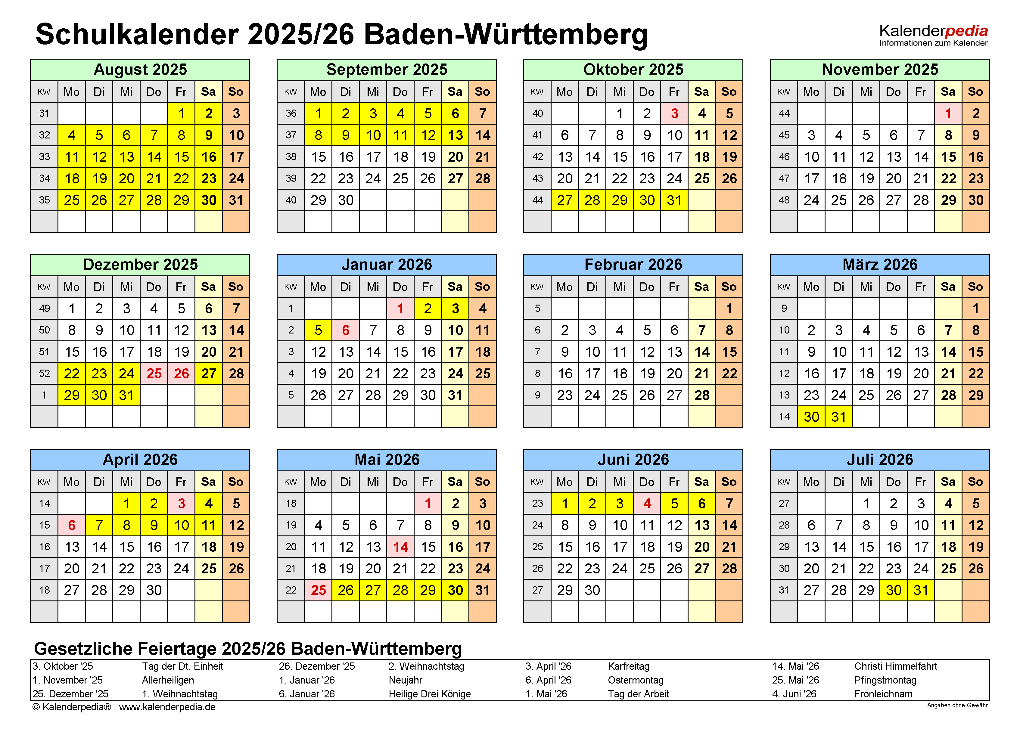  Schulkalender 2025/2026 Baden-Württemberg für PDF Motiv 