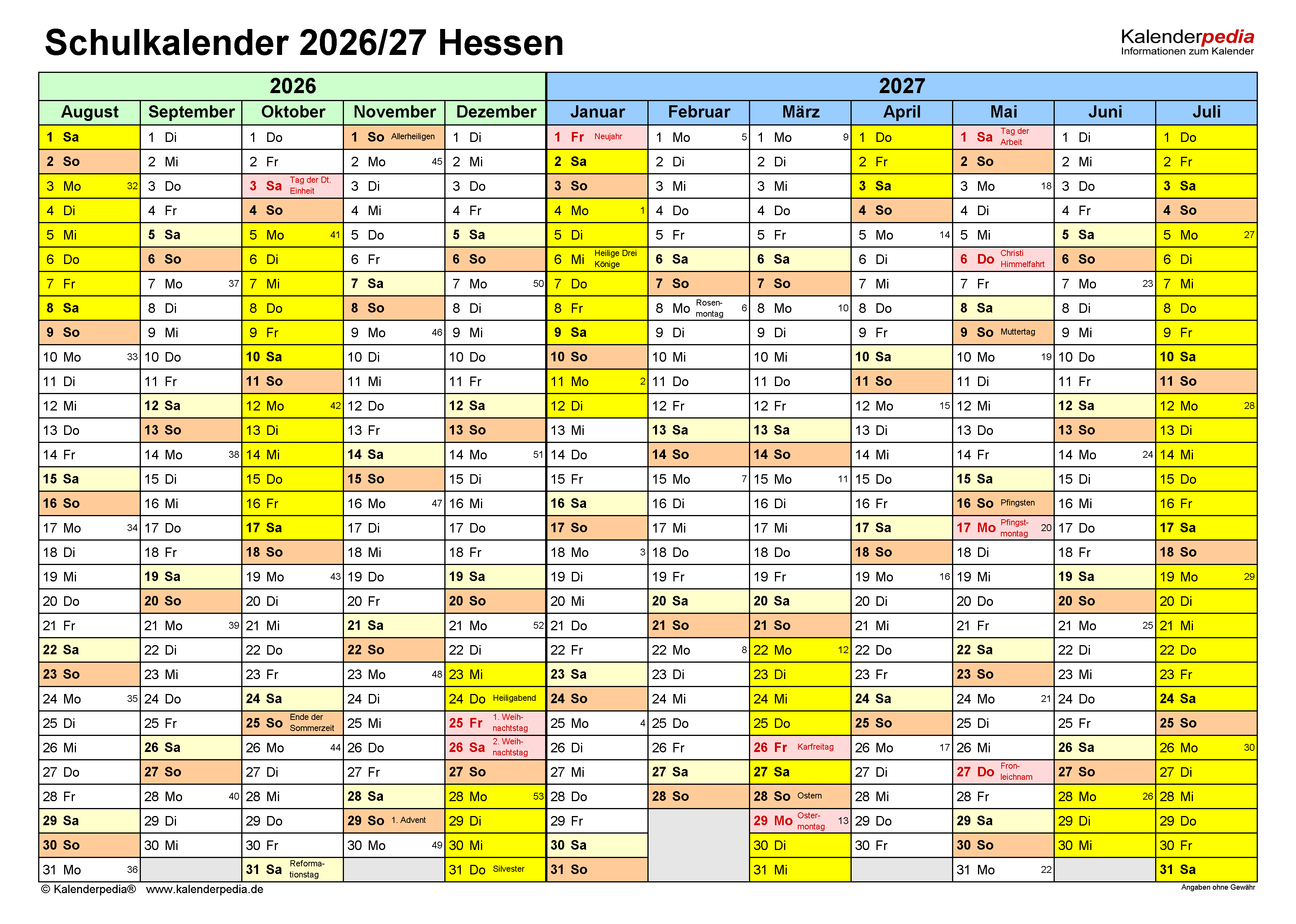  Schulkalender 2026/2027 Hessen für PDF Motiv 