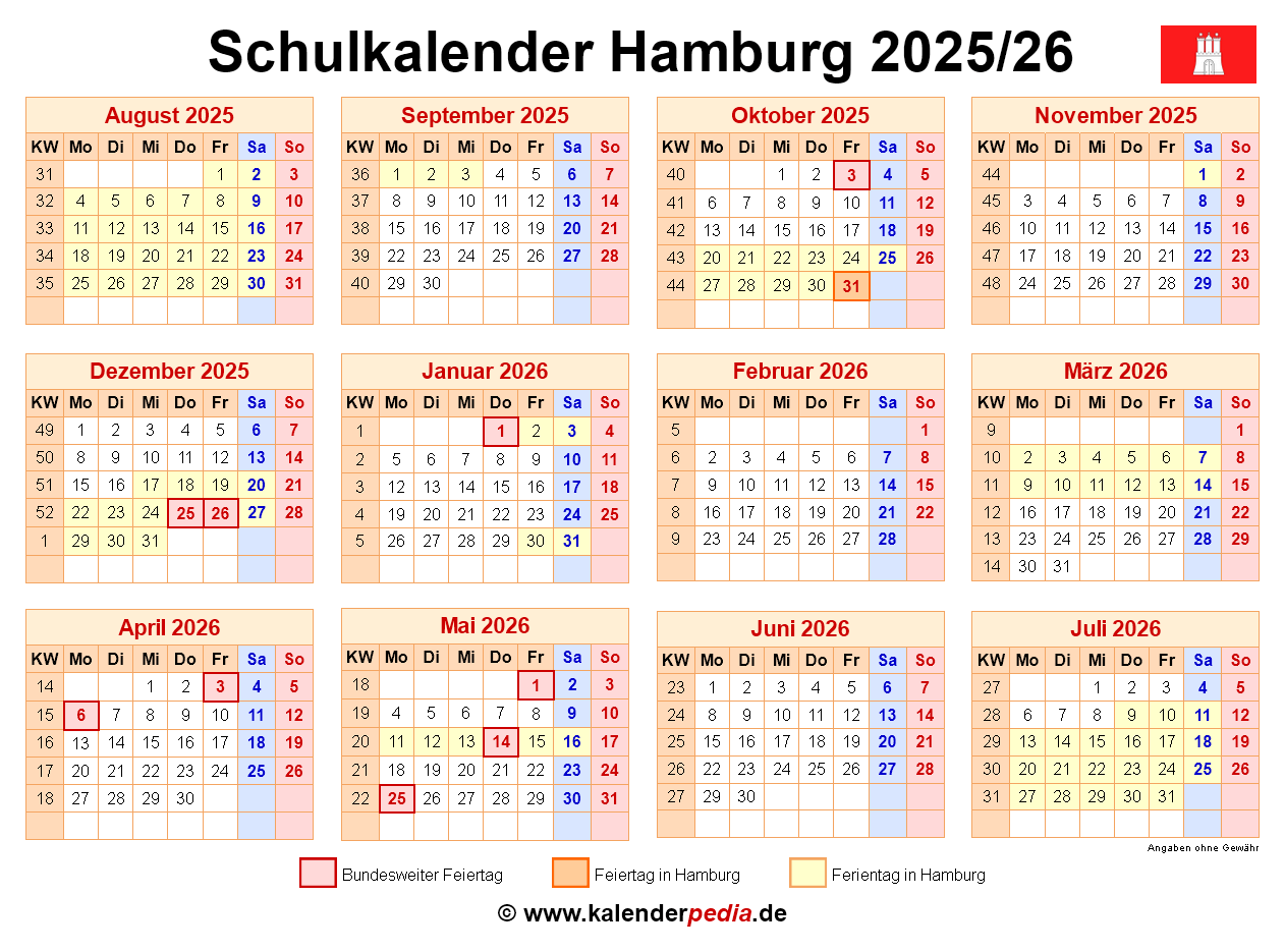  Schulkalender 2025/2026 Hamburg für Excel 