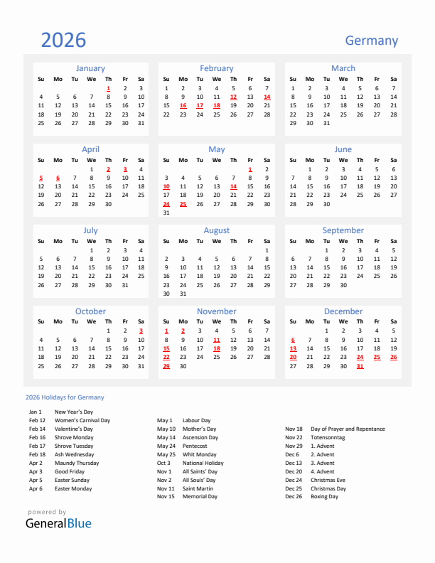  Germany 2026 Calendar with Holidays 