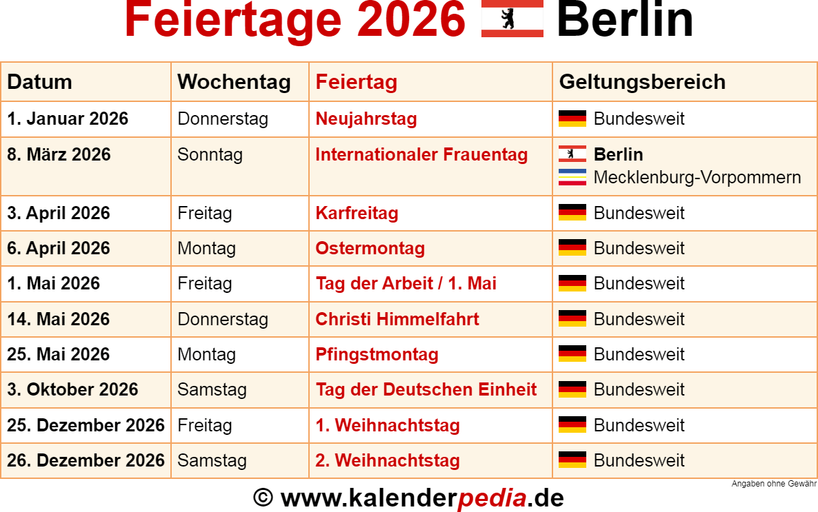  Feiertage Berlin 2026 - Kalenderpedia Illustration 