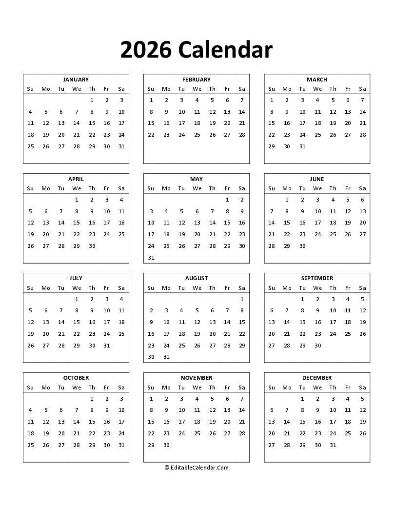  Download Free Printable 2026 Calendar (Word Version) Illustration 
