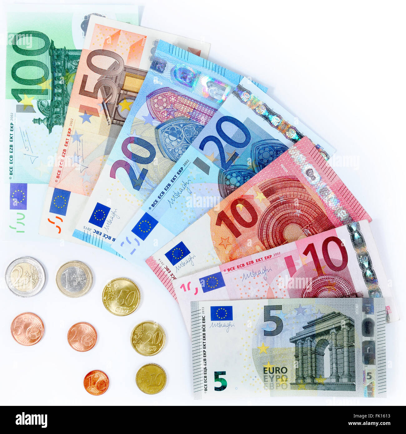  Image of various denominations of banknotes and coins of euro currency Illustration 
