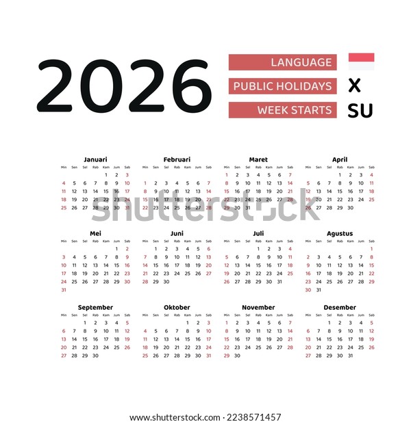  Indonesia Calendar 2026 Week Starts Sunday Stock Vector (Royalty Free 