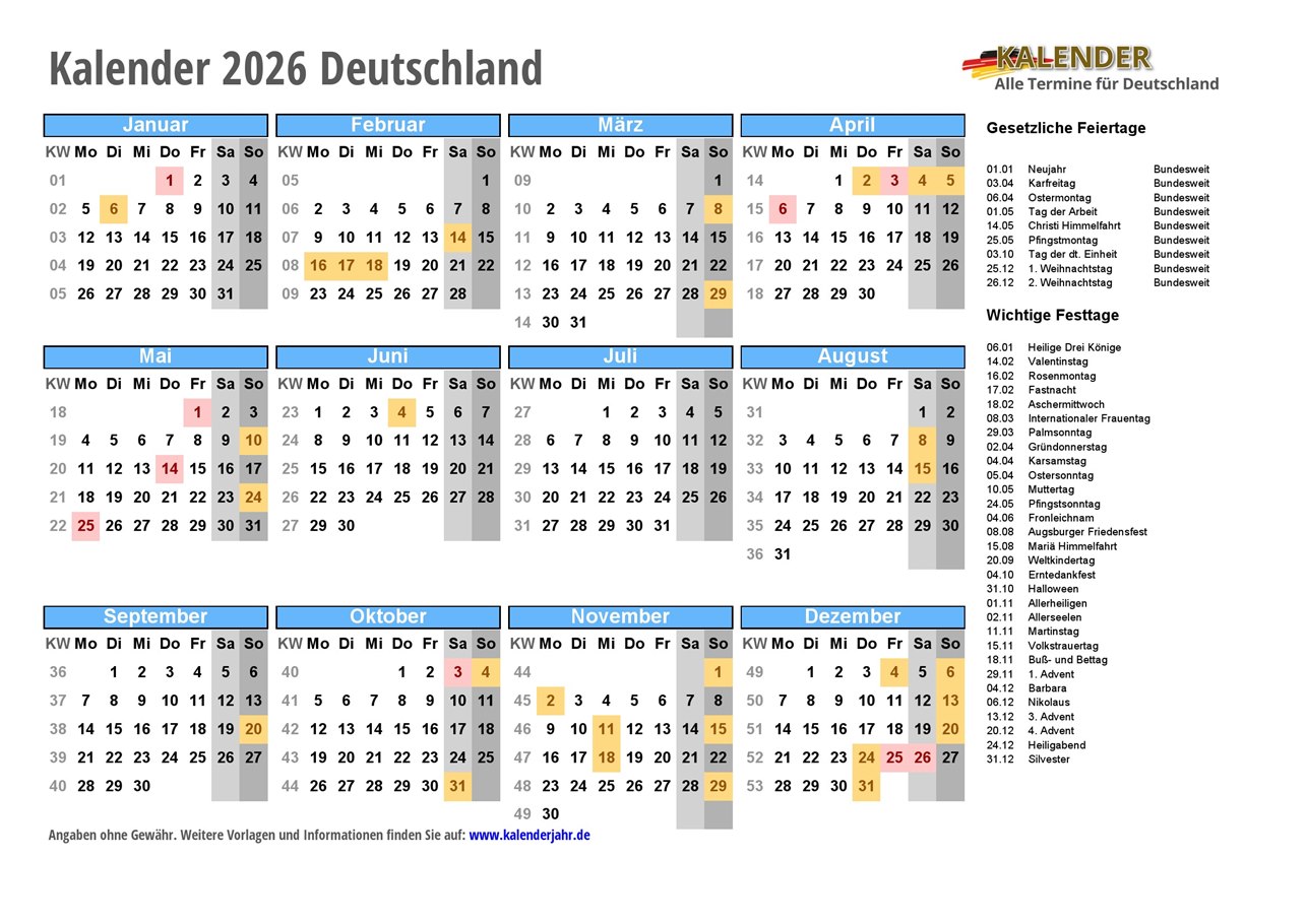  Kalender 2026 PDF und JPG im DIN A4-Querformat Fertig zum Ausdruck Alle Bildidee 