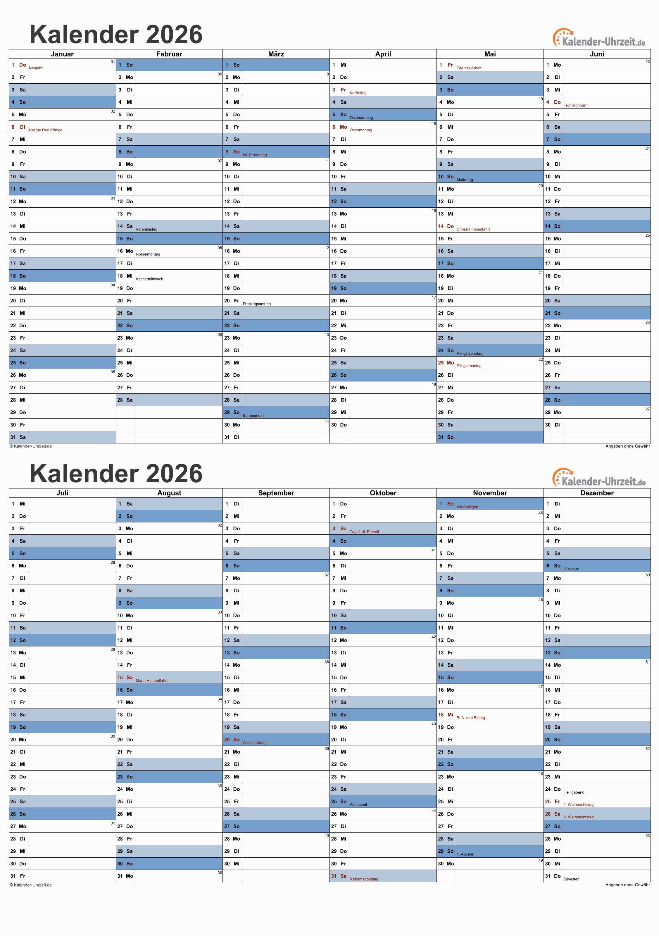  KALENDER 2026 ZUM AUSDRUCKEN - KOSTENLOS 
