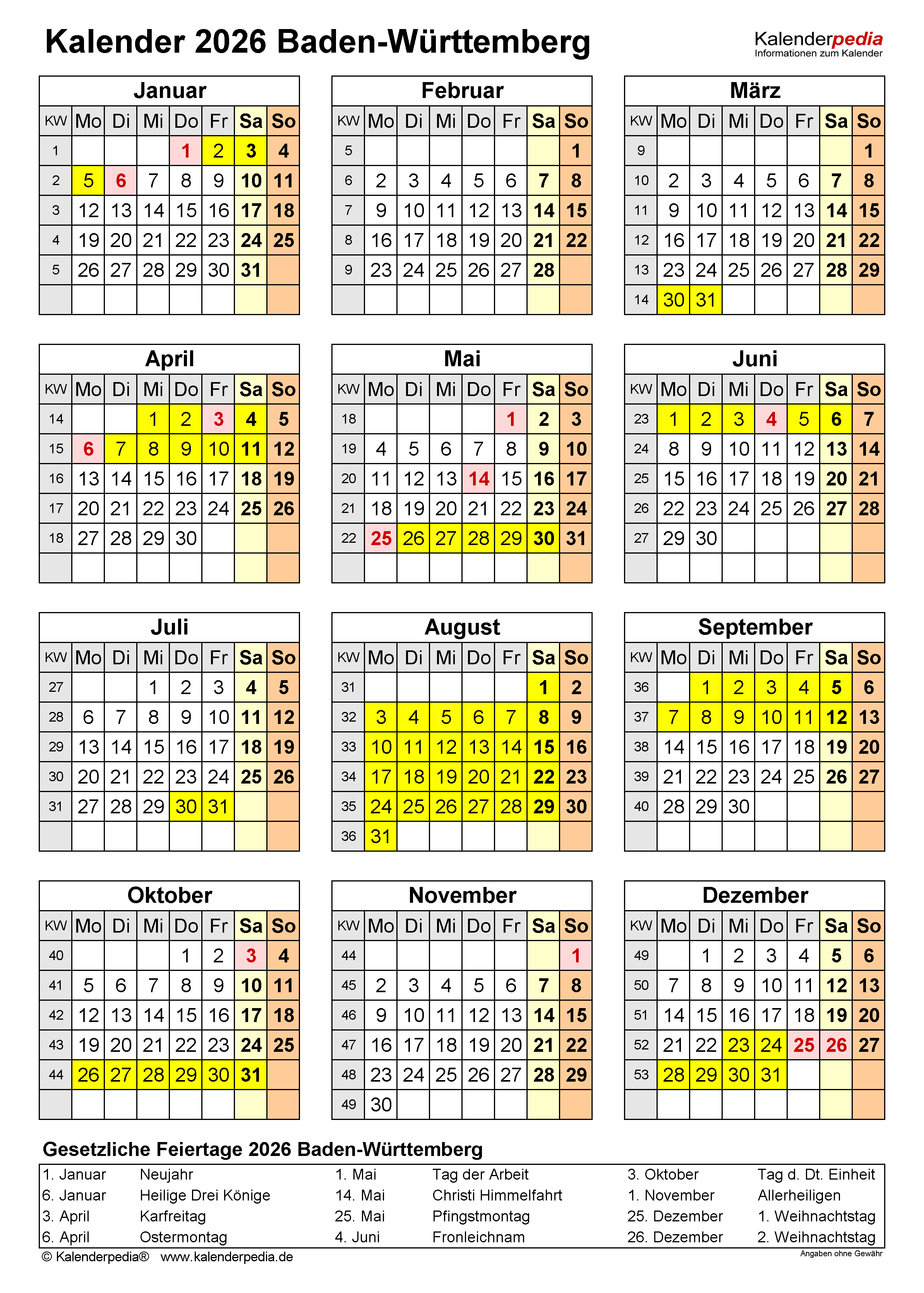  Kalender 2026 Baden-Württemberg: Word-Vorlagen mit Ferien Illustration 