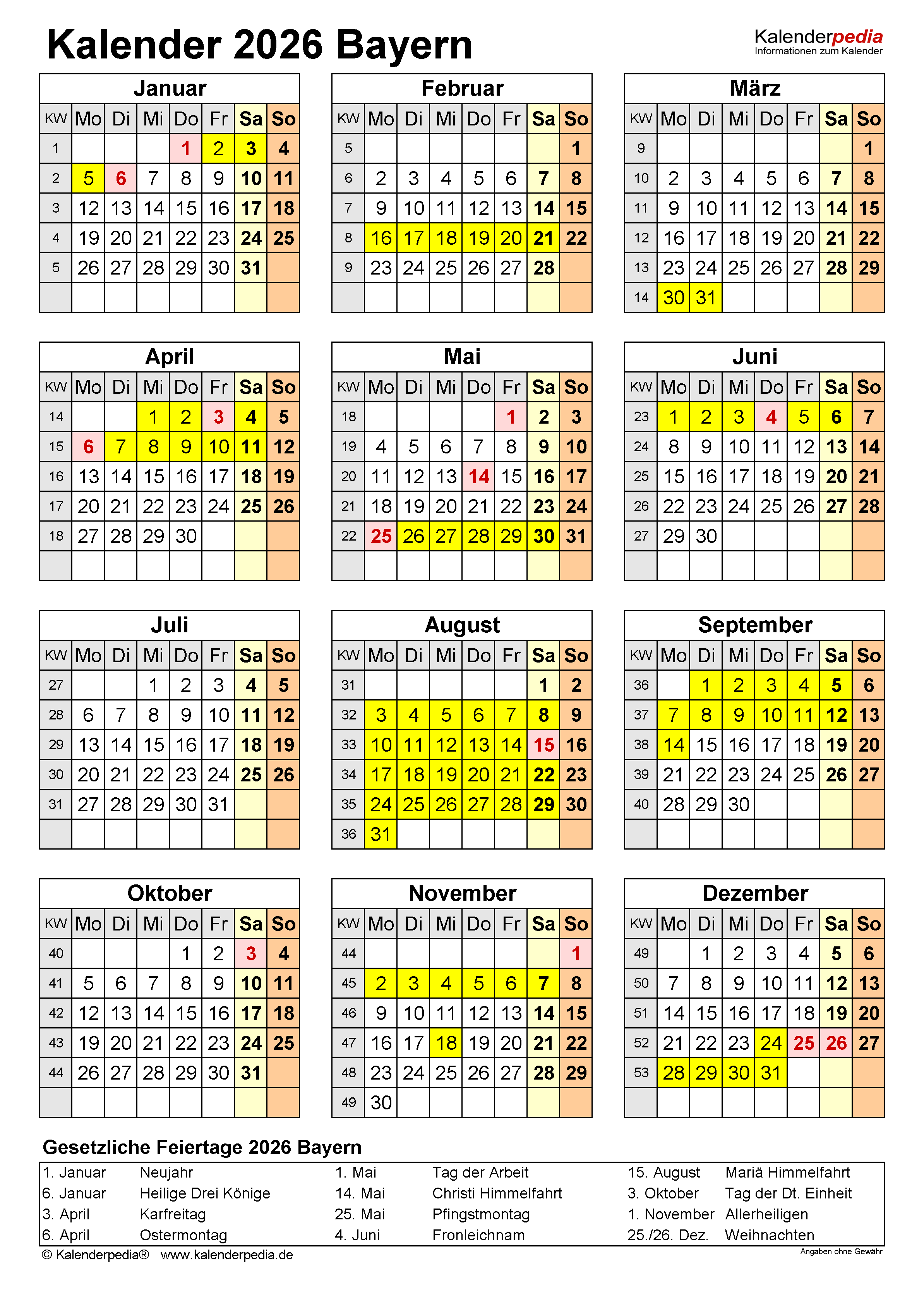  Kalender 2026 Bayern: Ferien, Feiertage, Excel-Vorlagen Bildidee 