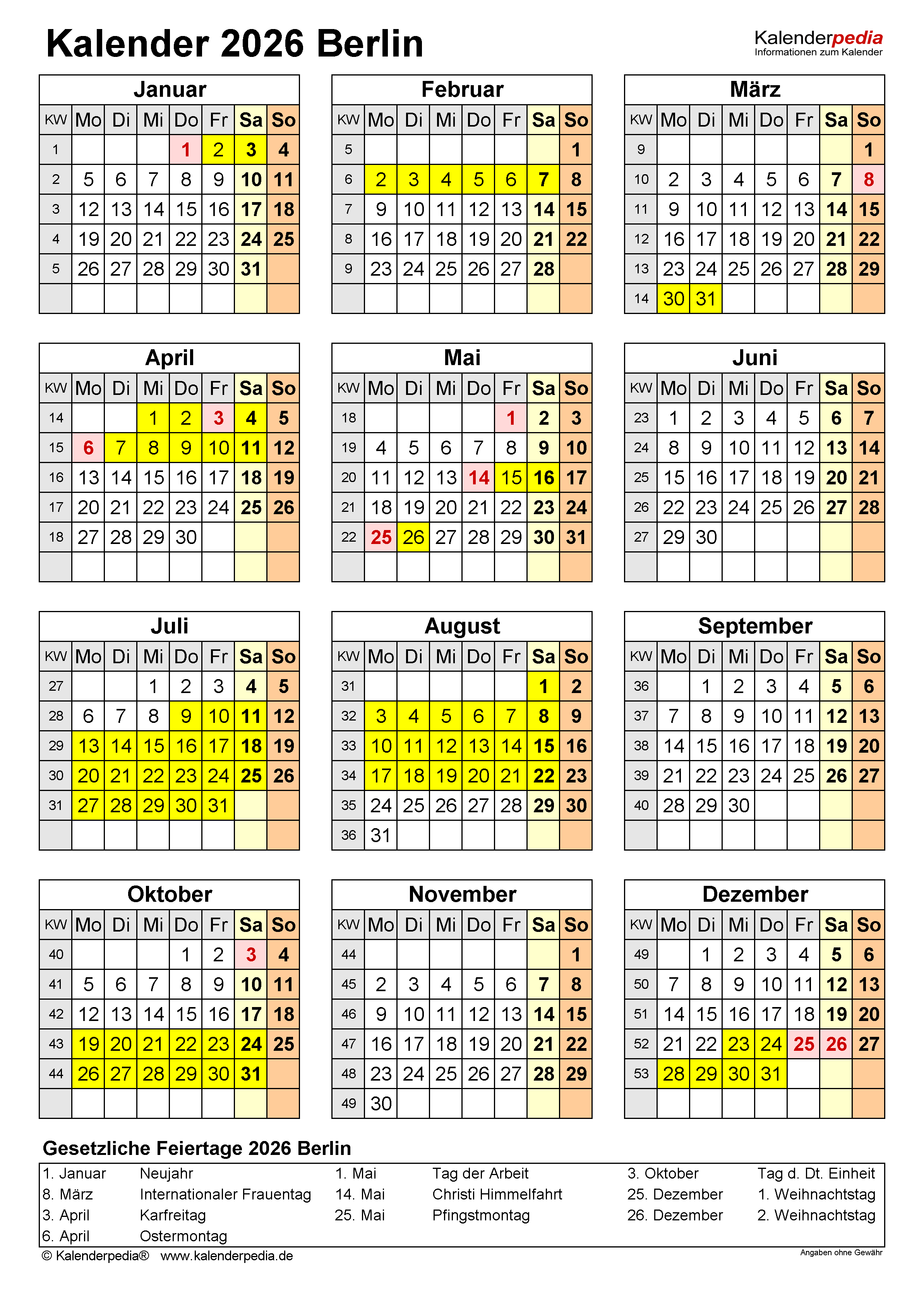  Kalender 2026 Berlin: Ferien, Feiertage, PDF-Vorlagen Motiv 