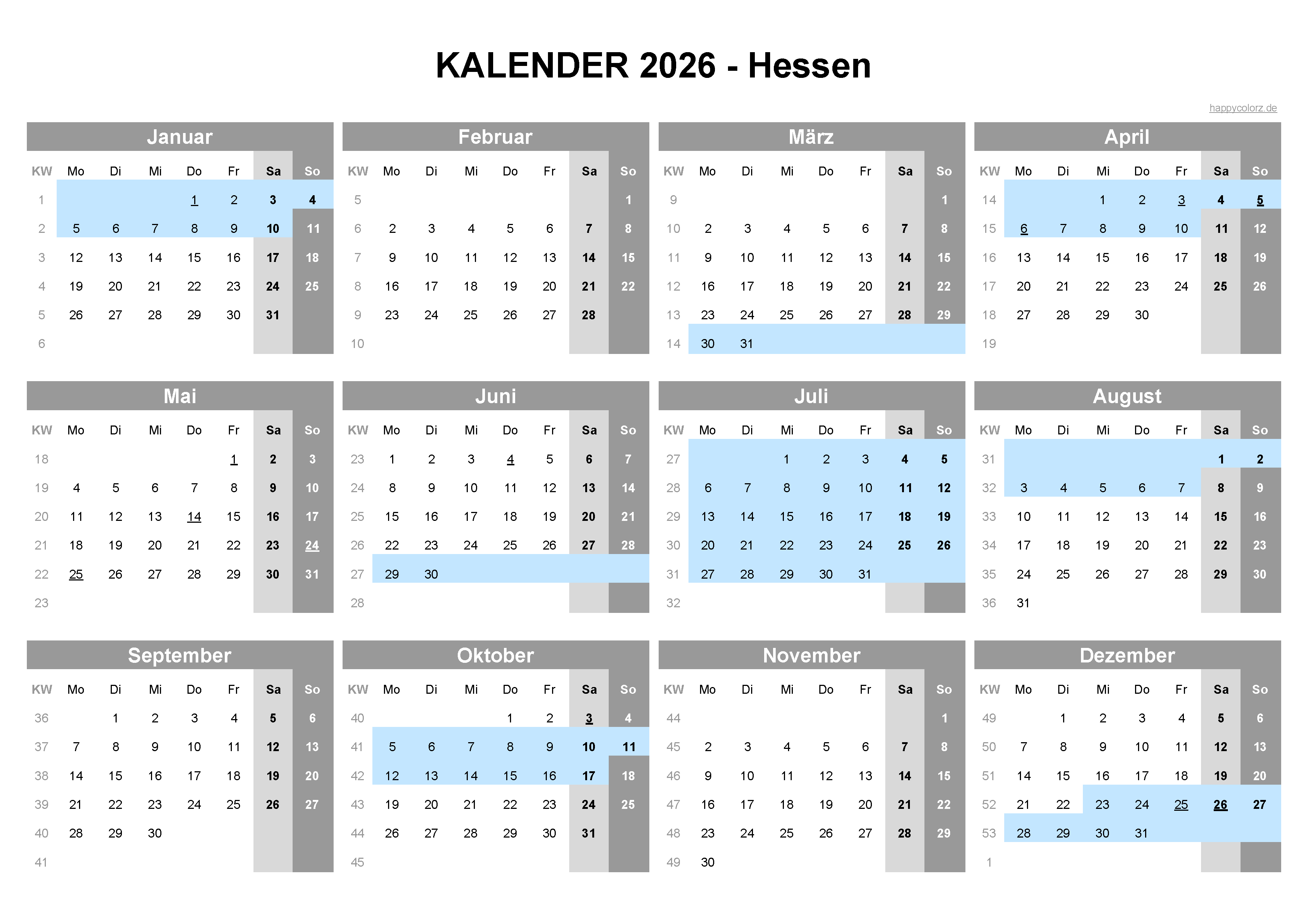  Foto zu Kalender 2026 Hessen kostenlos: Ferien-Übersicht, Feiertage, PDF 