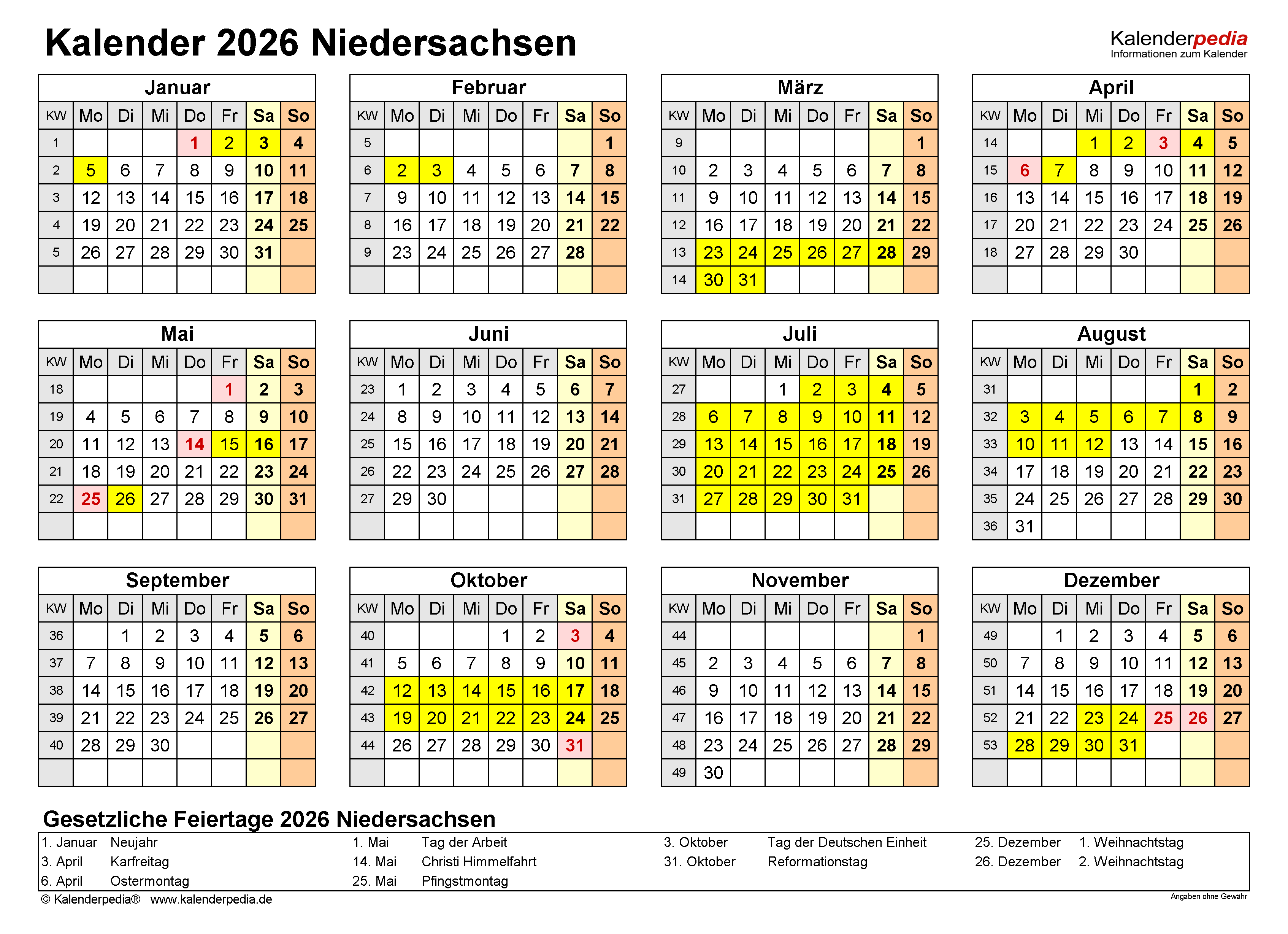  Foto zu Kalender 2026 Niedersachsen: Ferien, Feiertage, PDF-Vorlagen 