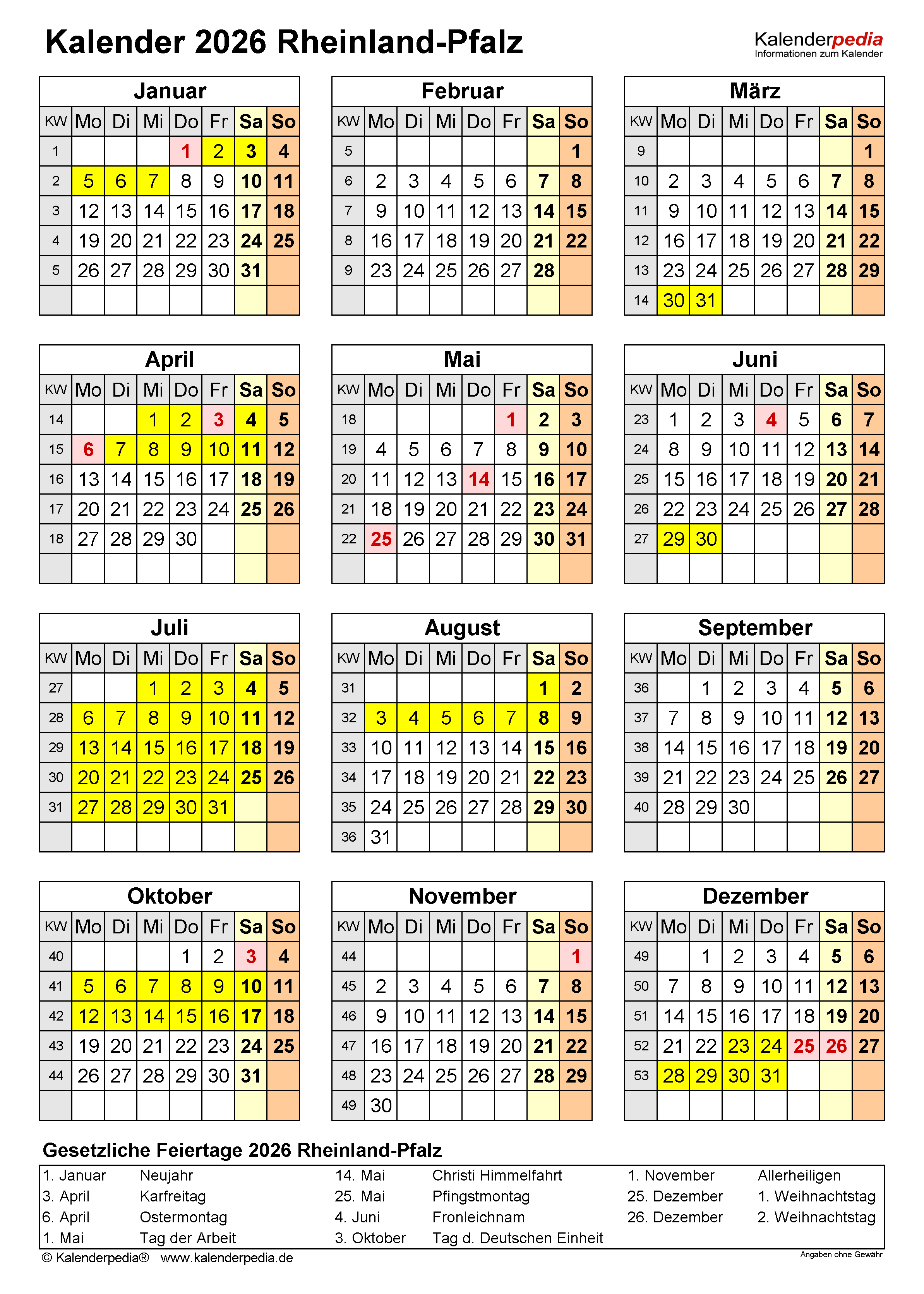  Kalender 2026 Rheinland-Pfalz: Ferien, Feiertage, PDF-Vorlagen 