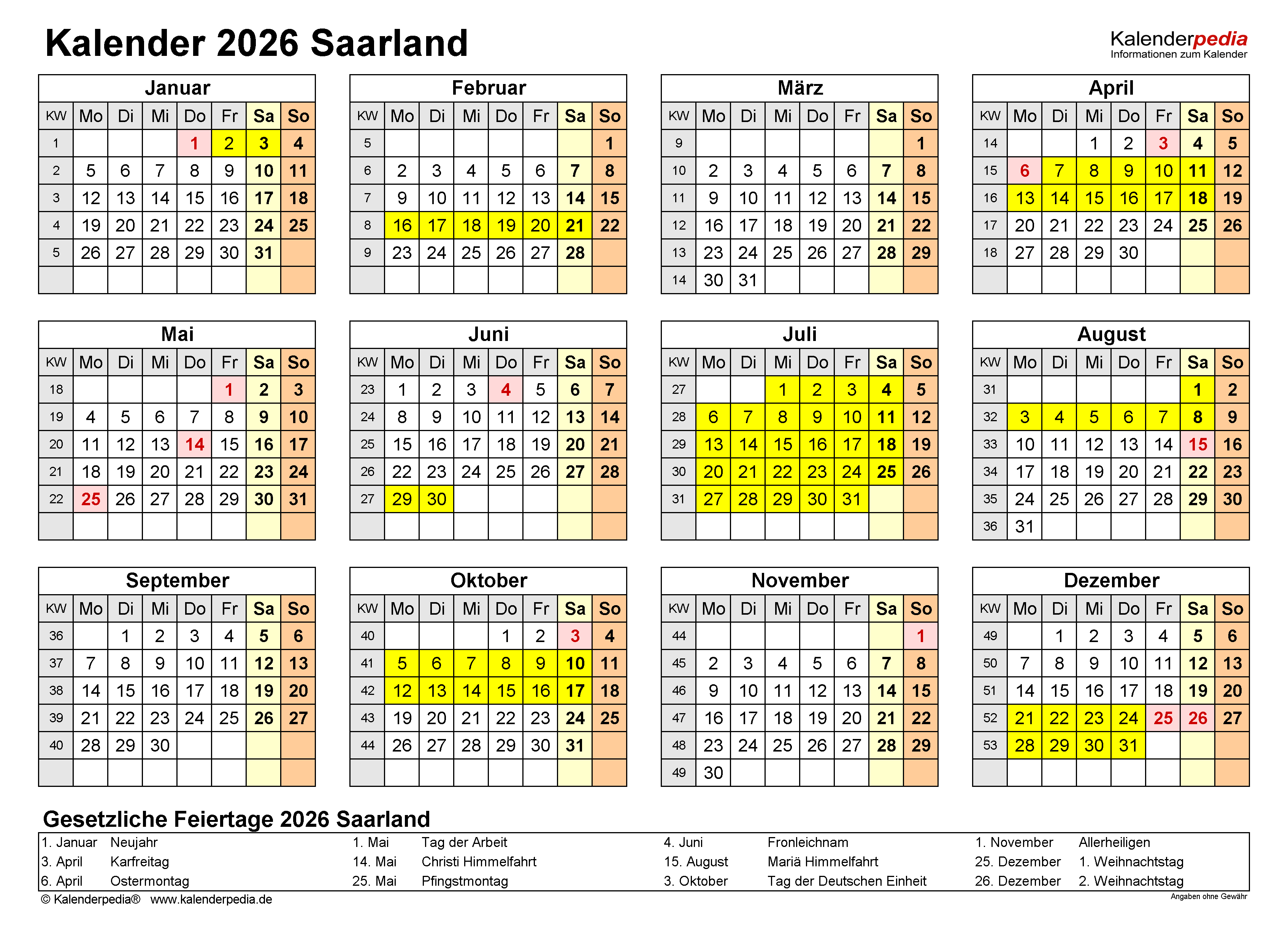  Kalender 2026 Saarland: Ferien, Feiertage, PDF-Vorlagen Motiv 