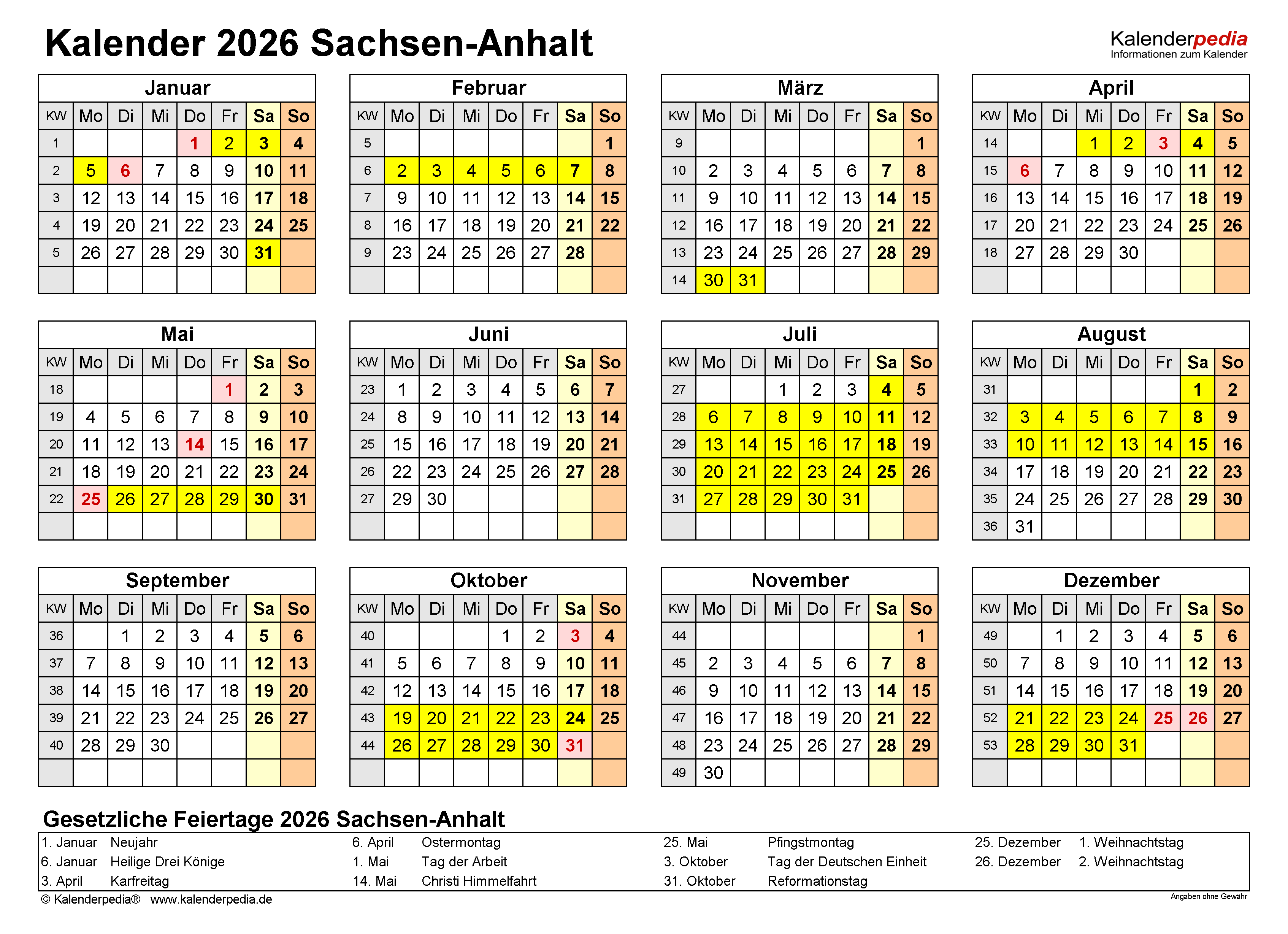  Kalender 2026 Sachsen-Anhalt: Ferien, Feiertage, Excel-Vorlagen Bildidee 