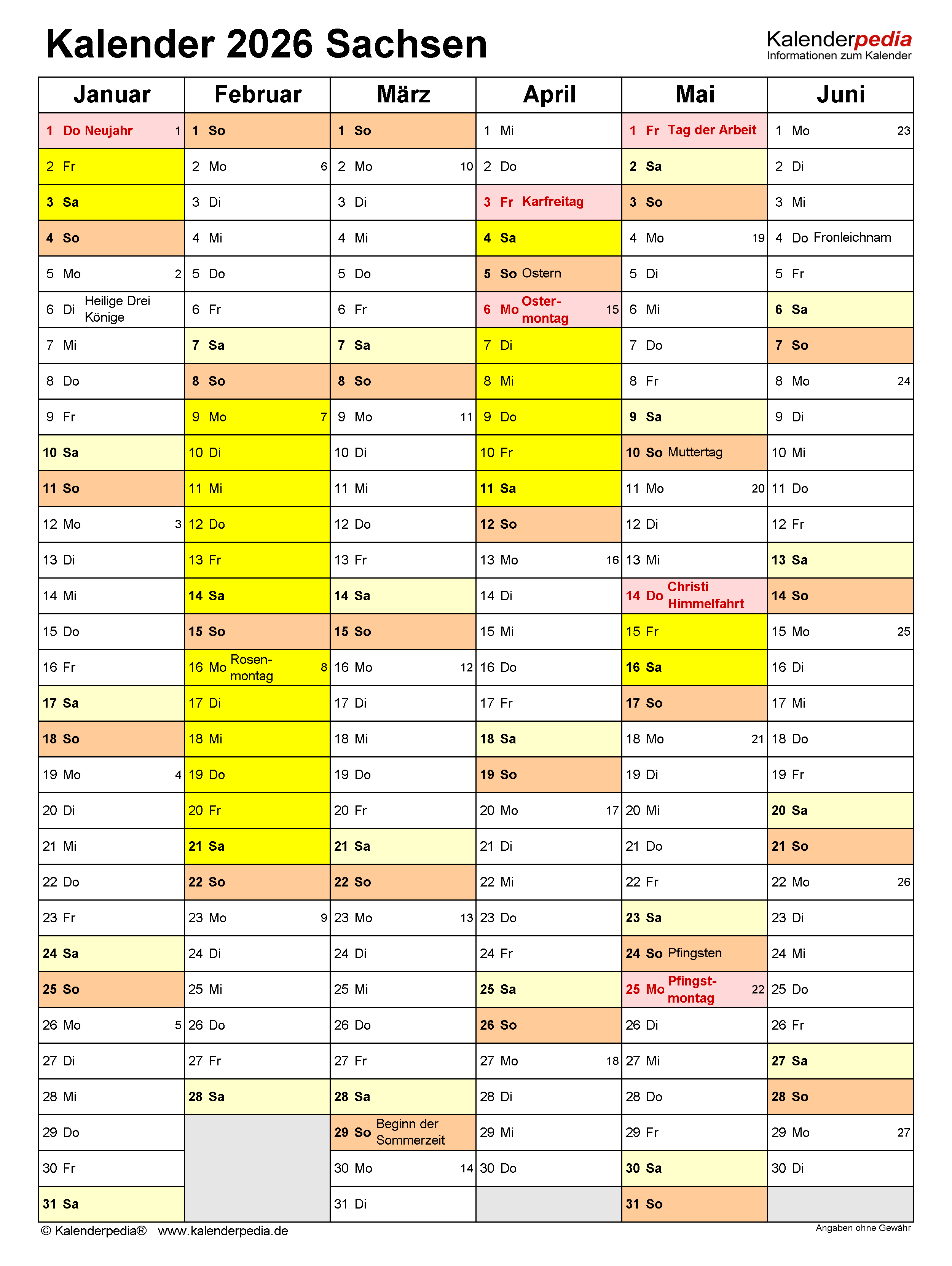  Kalender 2026 Sachsen: Ferien, Feiertage, Excel-Vorlagen Illustration 