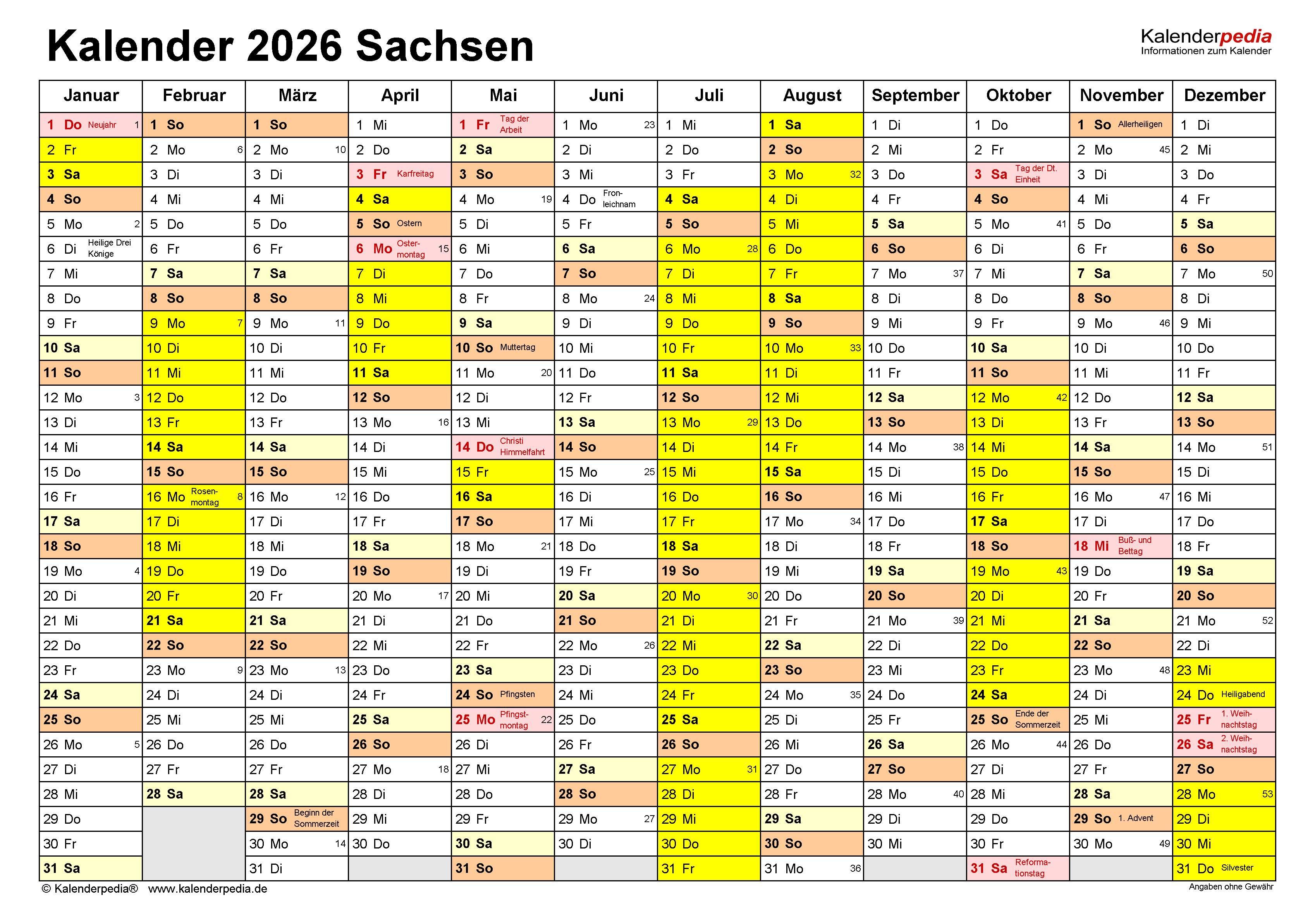  Kalender 2026 Sachsen: Ferien, Feiertage, Excel-Vorlagen 
