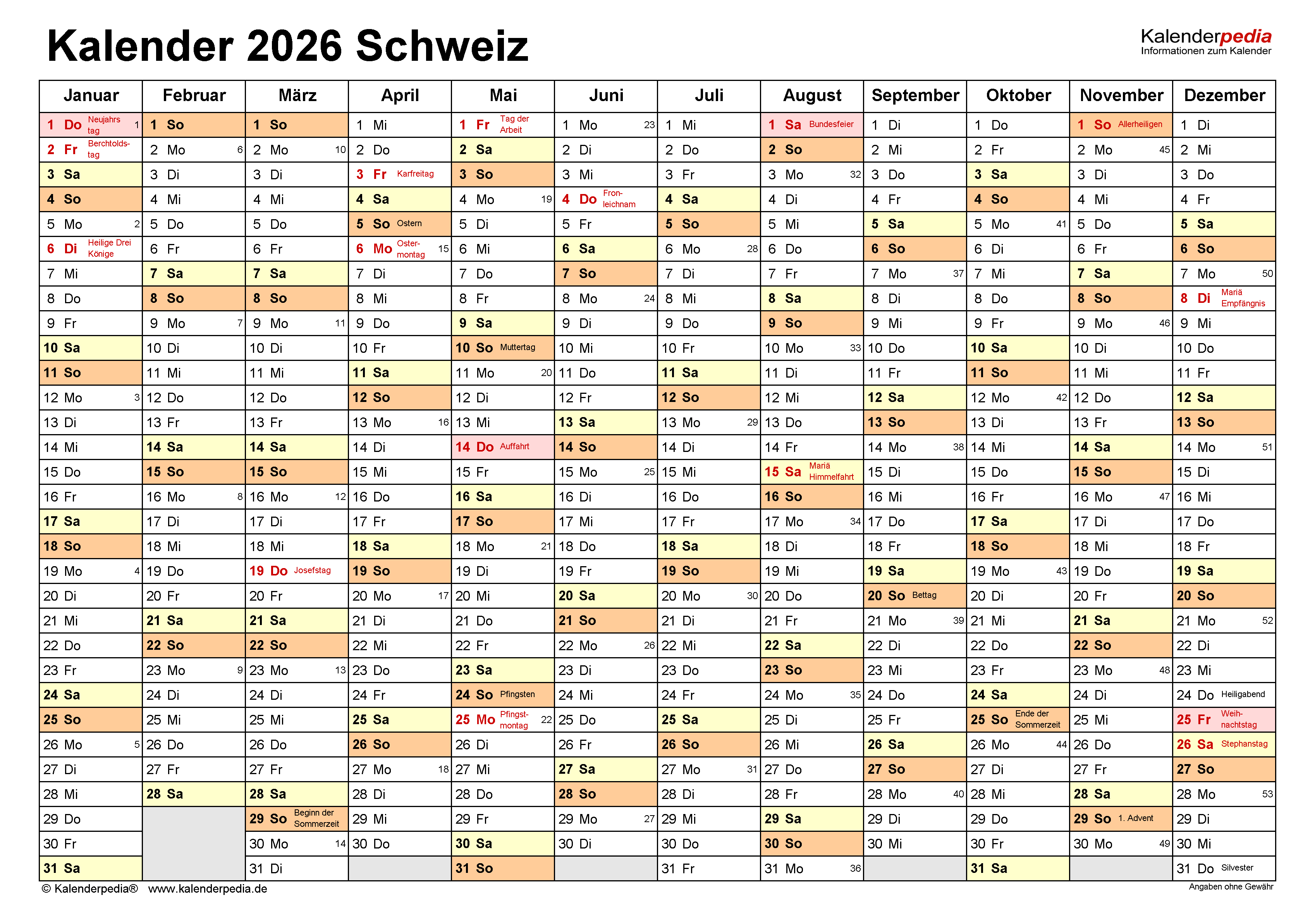  Kalender 2026 Schweiz zum Ausdrucken als PDF Motiv 