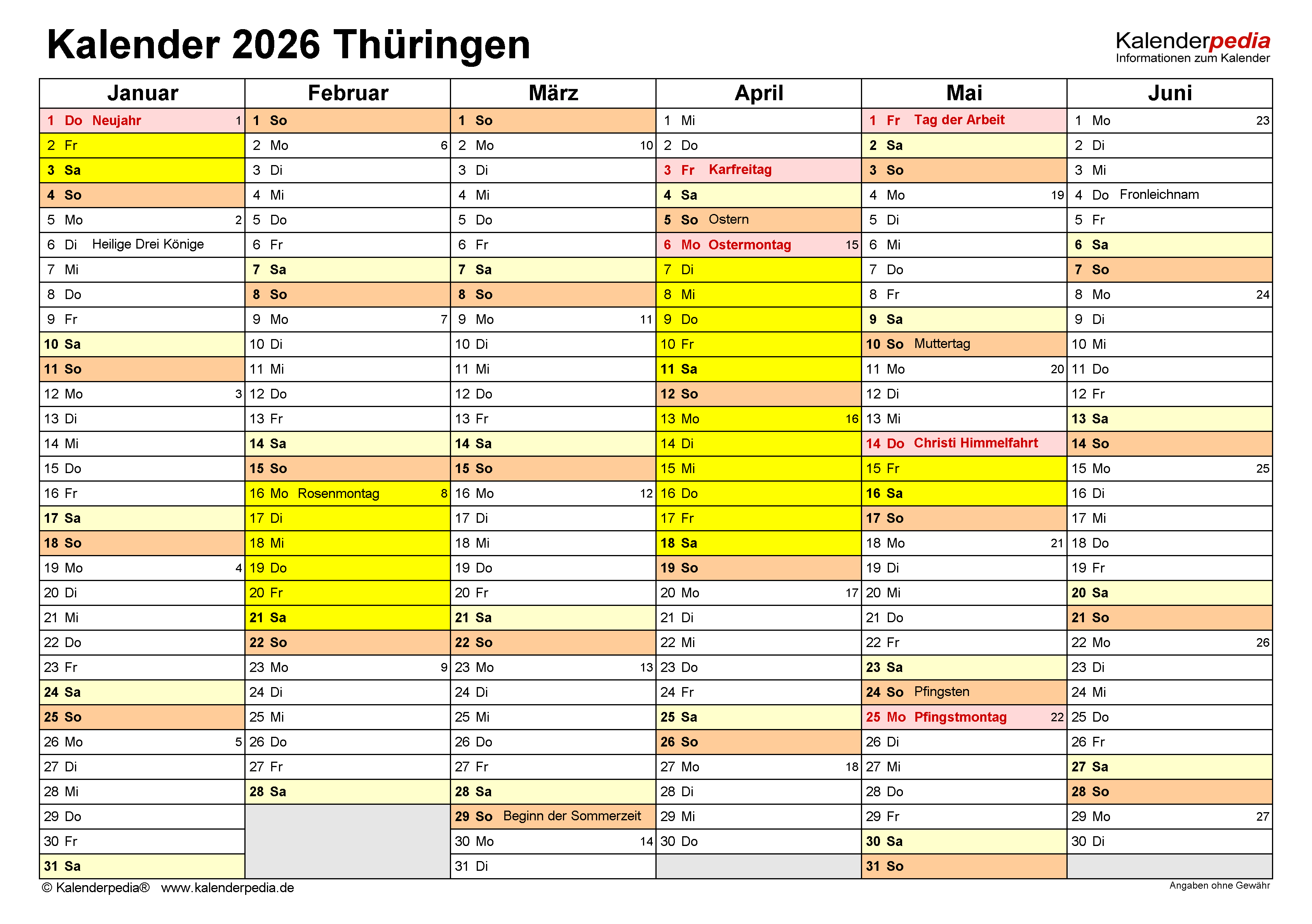  Kalender 2026 Thüringen: Ferien, Feiertage, PDF-Vorlagen Bildidee 