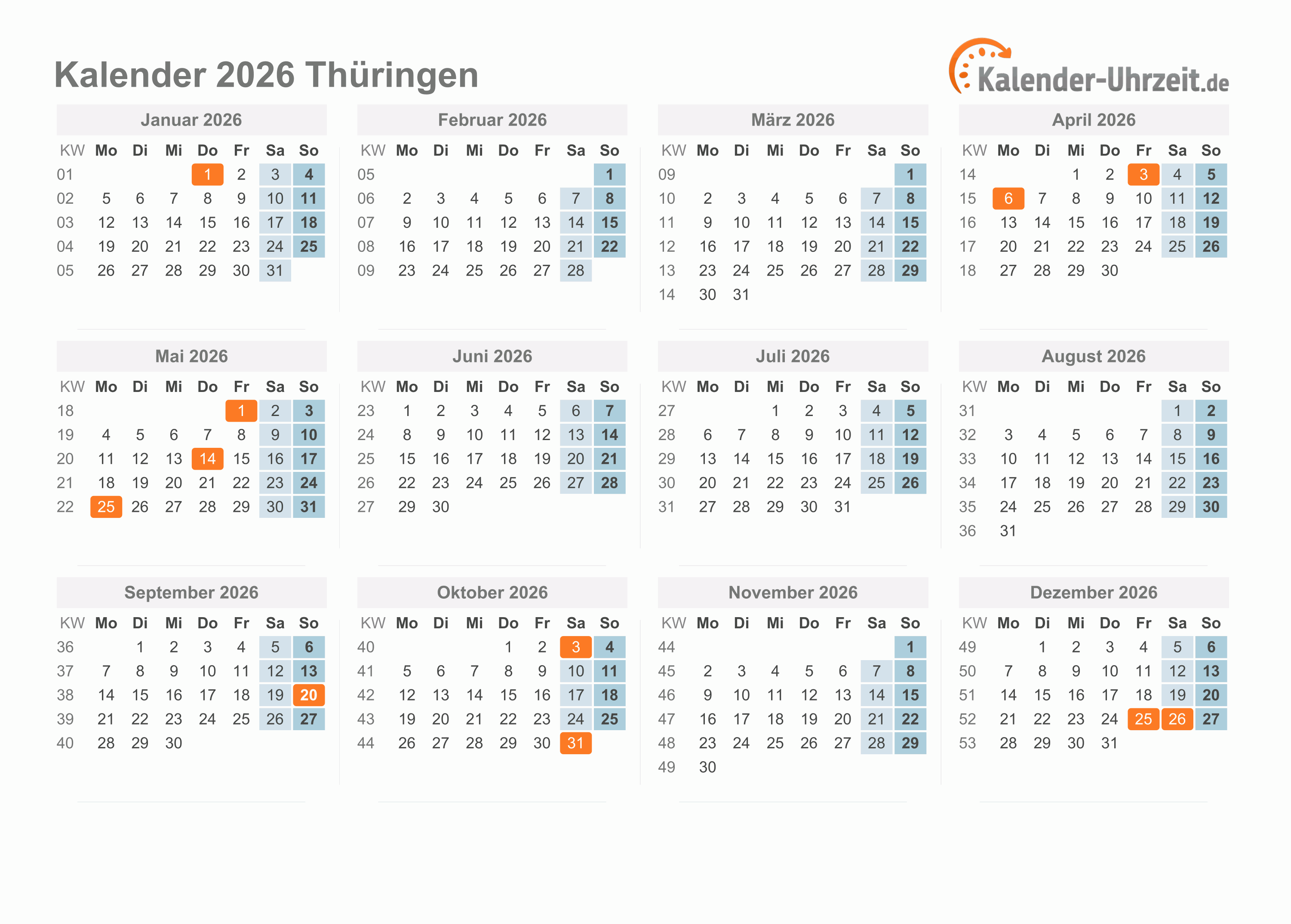  Feiertage 2026 Thüringen + Kalender Illustration 