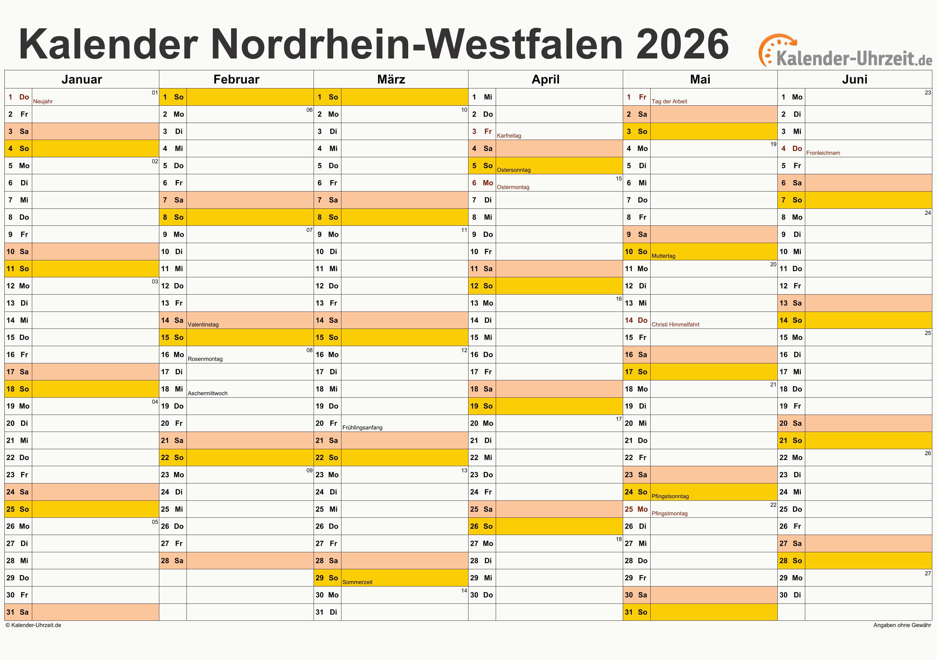  Feiertage 2026 Nordrhein-Westfalen + Kalender Bildidee 