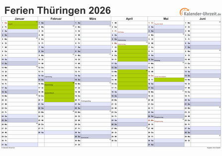  Ferien Thüringen 2026 - Ferienkalender zum Ausdrucken Illustration 