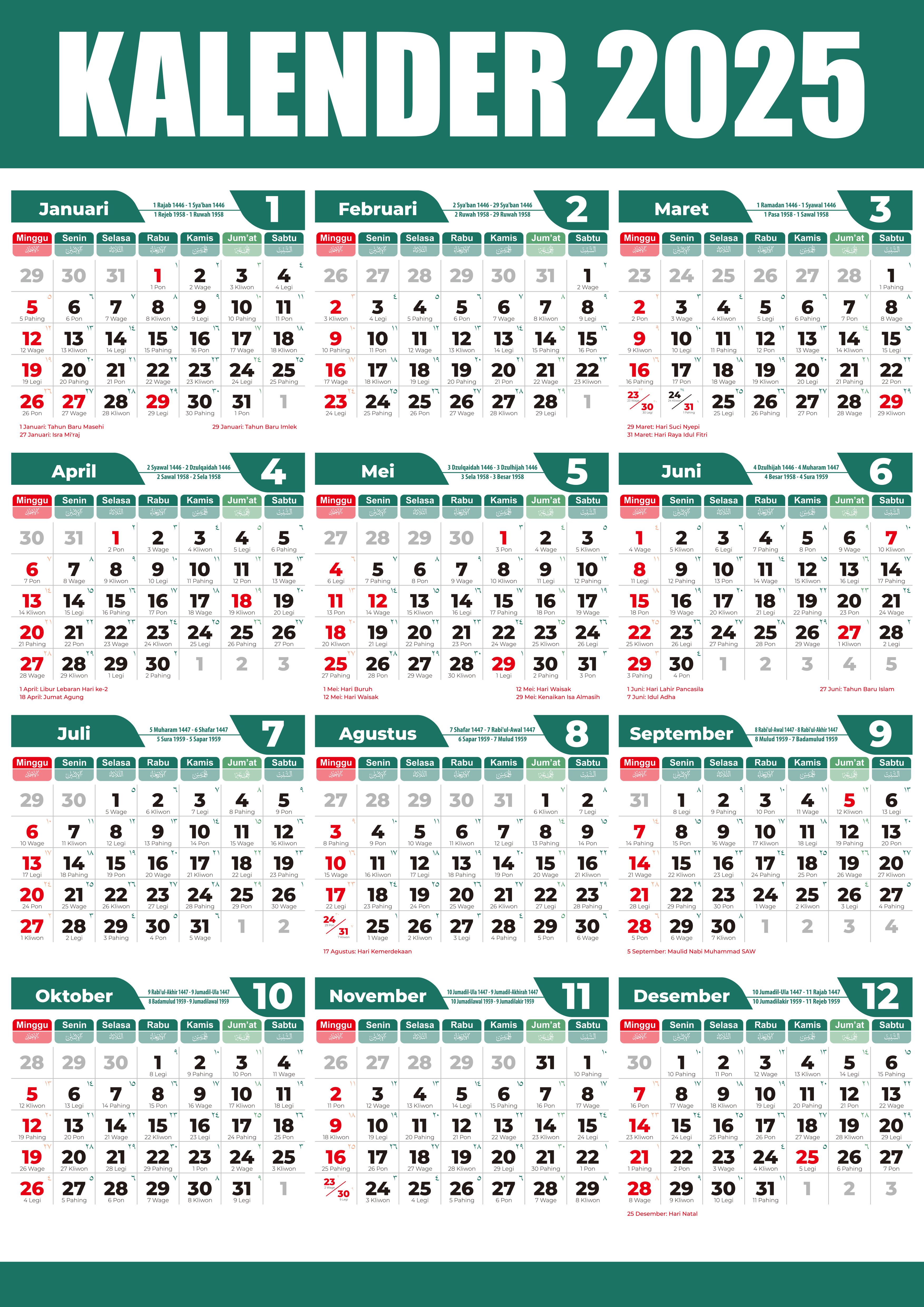  Gratis template format kalender 2025 vector lengkap dengan penanggalan 