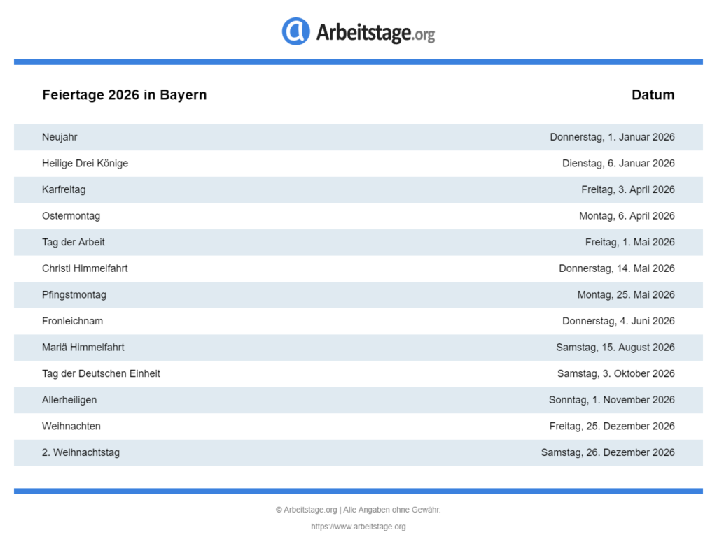  Feiertage 2026 in Bayern • Termine & Infos Motiv 