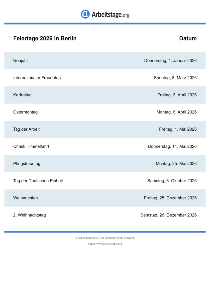  Foto zu Feiertage 2026 in Berlin • Termine & Infos 