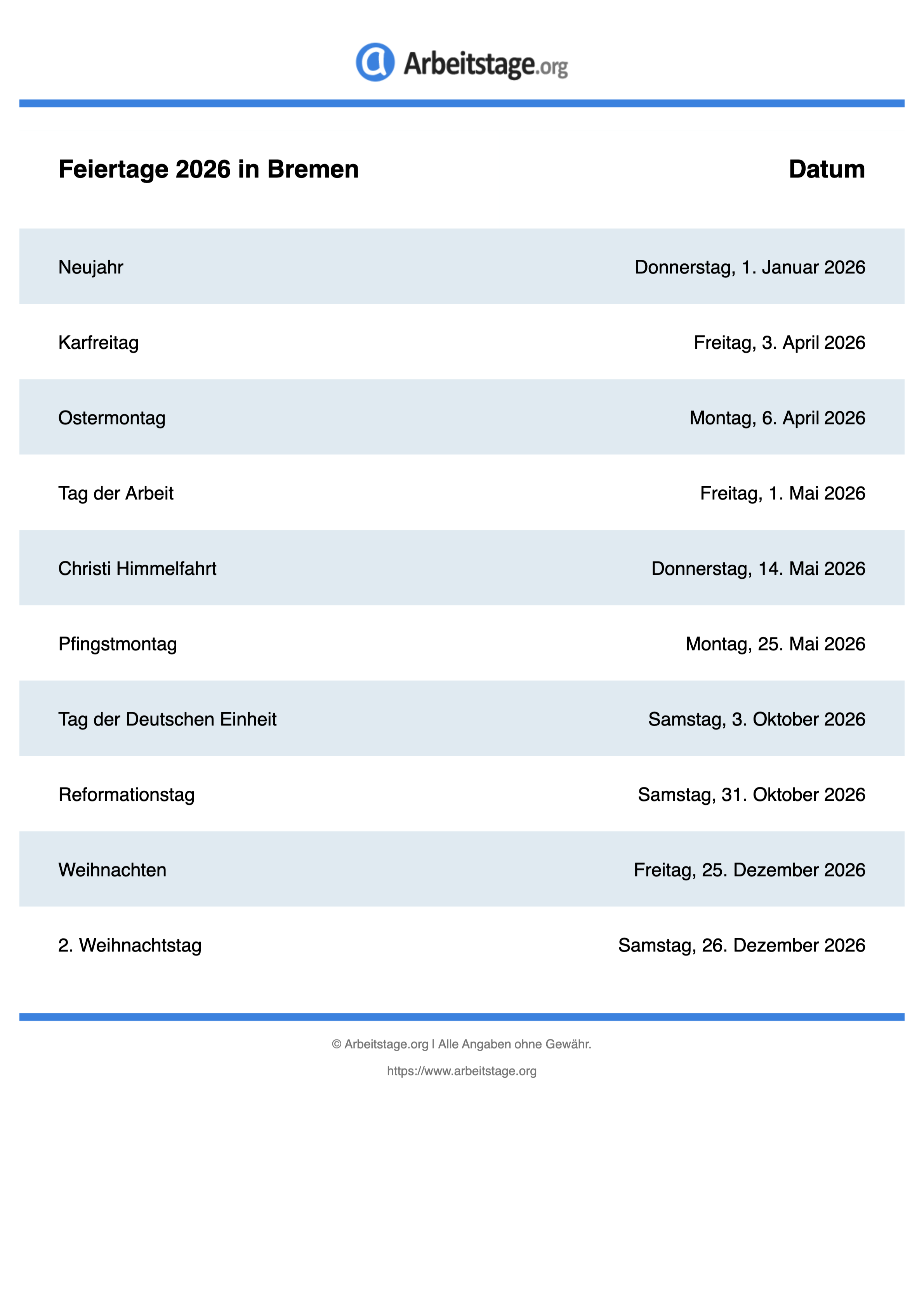  Feiertage 2026 in Bremen • Termine & Infos Motiv 