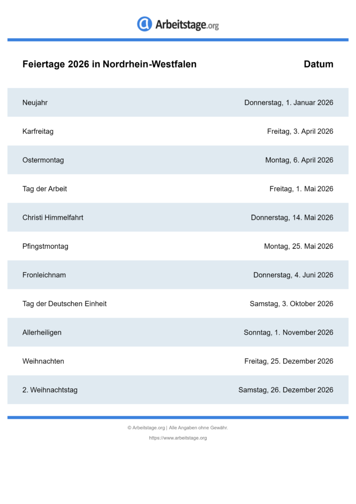  Feiertage 2026 in Nordrhein-Westfalen • Termine & Infos Bildidee 
