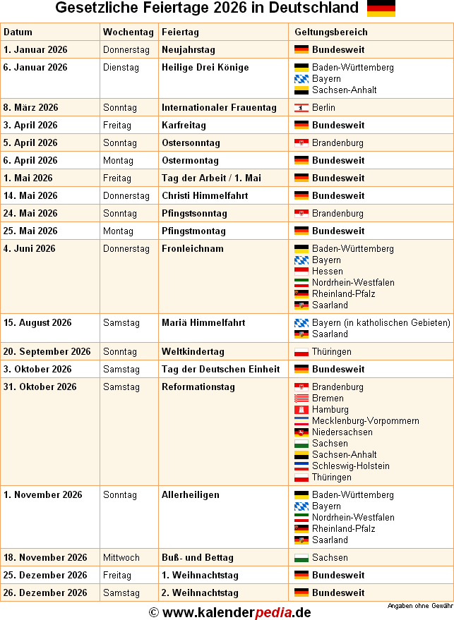 Feiertage 2026 in Deutschland mit druckbaren Vorlagen Bildidee 