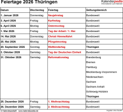  Feiertage Thüringen 2026 - Kalenderpedia Motiv 