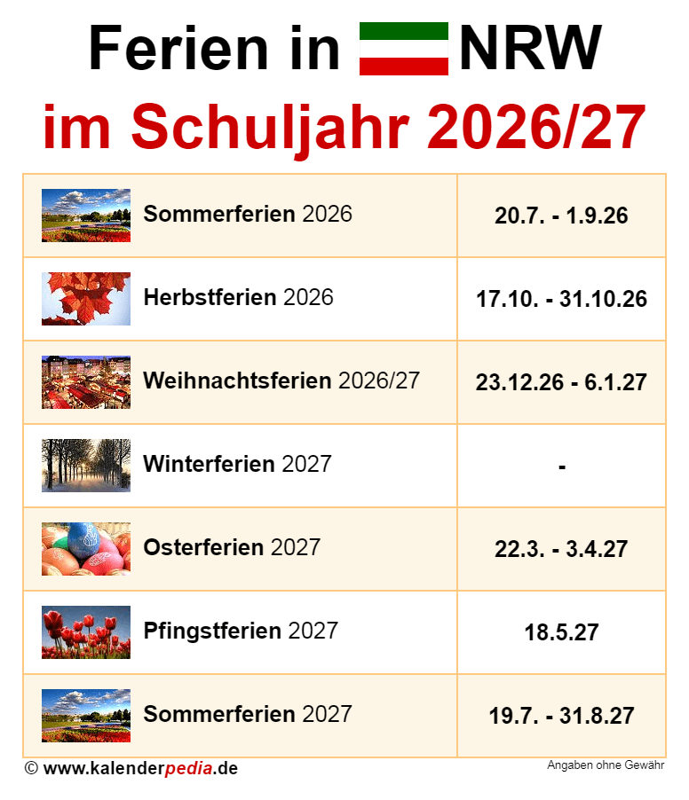  Ferien in Nordrhein-Westfalen (NRW) im Schuljahr 2026/27 