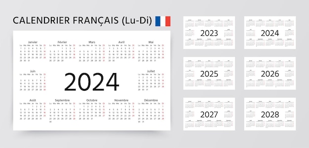  Französischer Kalender 2023 2024 2025 2026 2027 2028 Jahre. Die Woche Motiv 