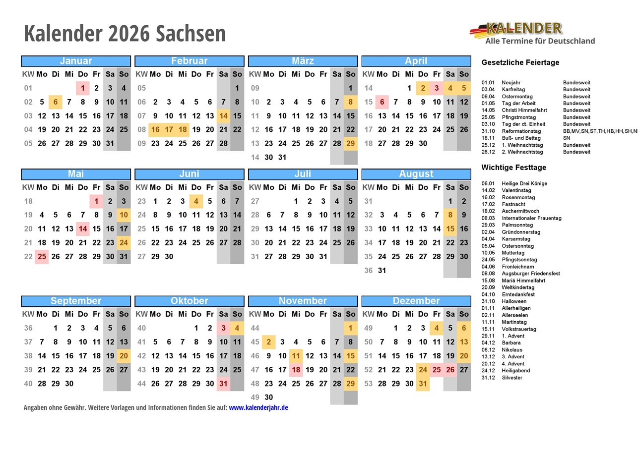  Kalender 2026 Sachsen PDF und JPG im DIN A4-Querformat Fertig zum 