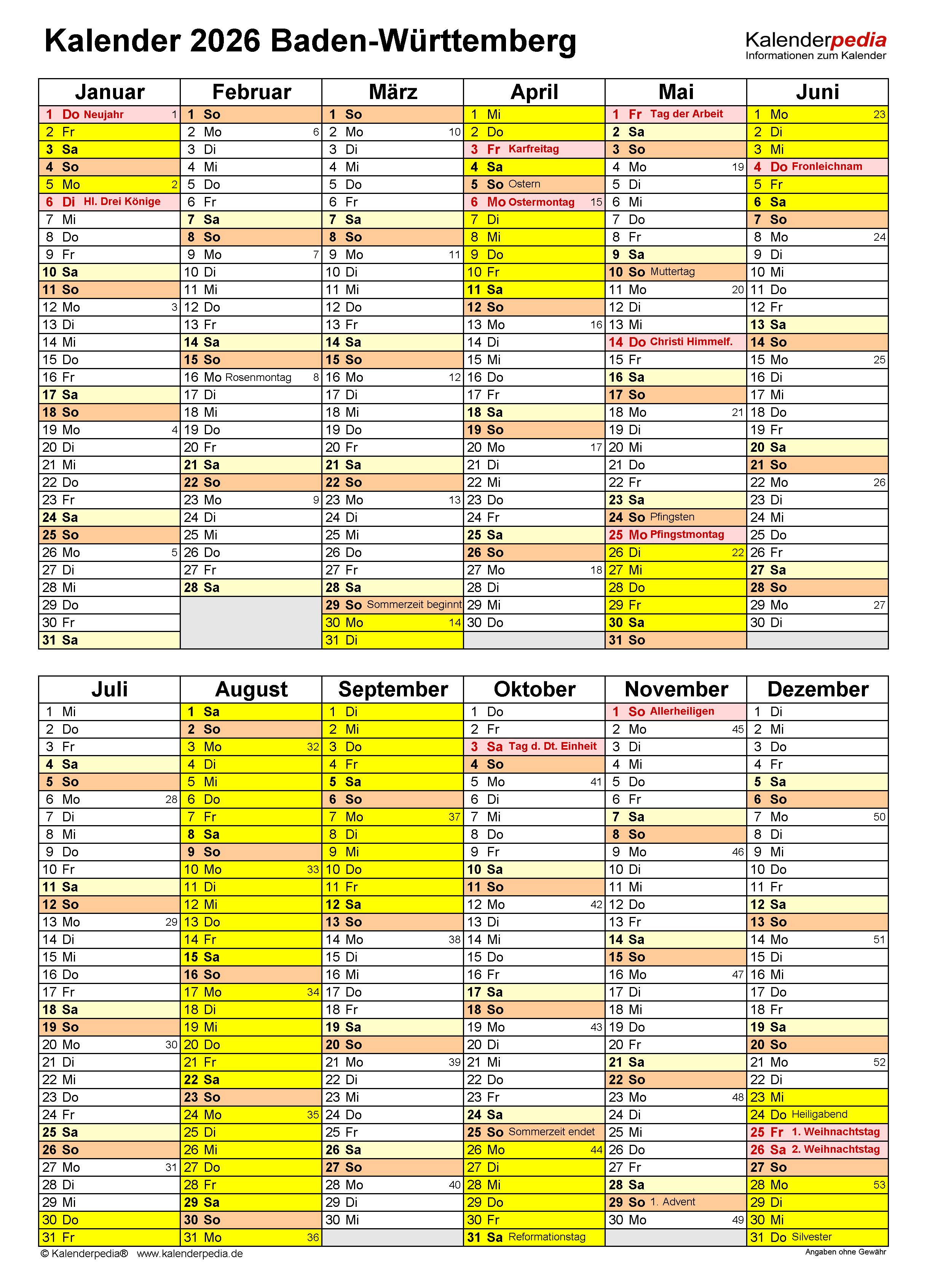  Kalender 2026 Baden-Württemberg: Word-Vorlagen mit Ferien 