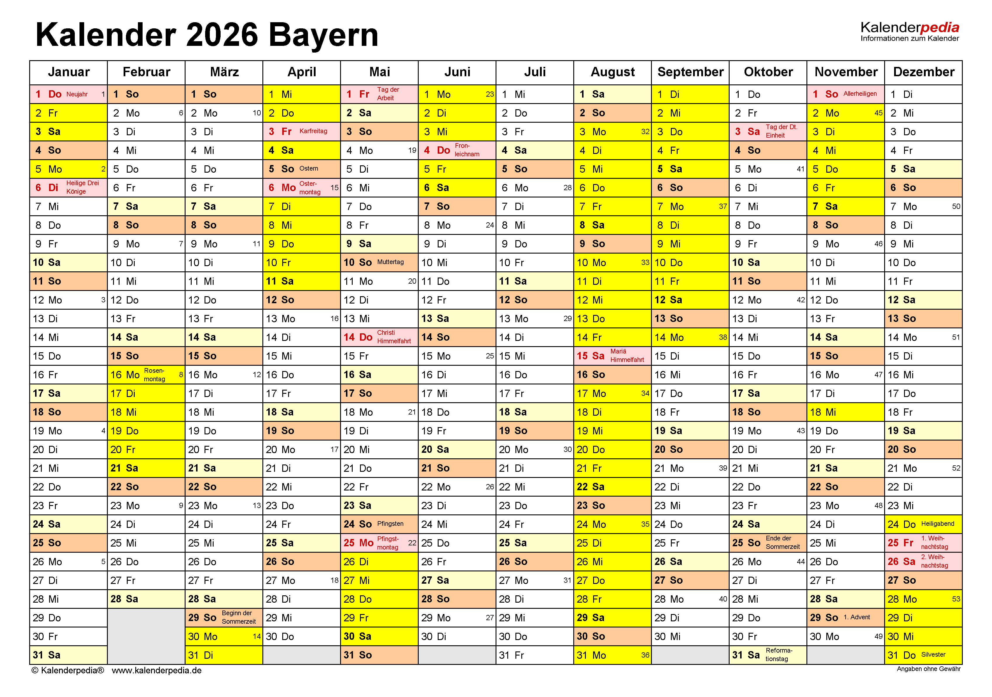  Kalender 2026 Bayern: Ferien, Feiertage, Excel-Vorlagen Motiv 